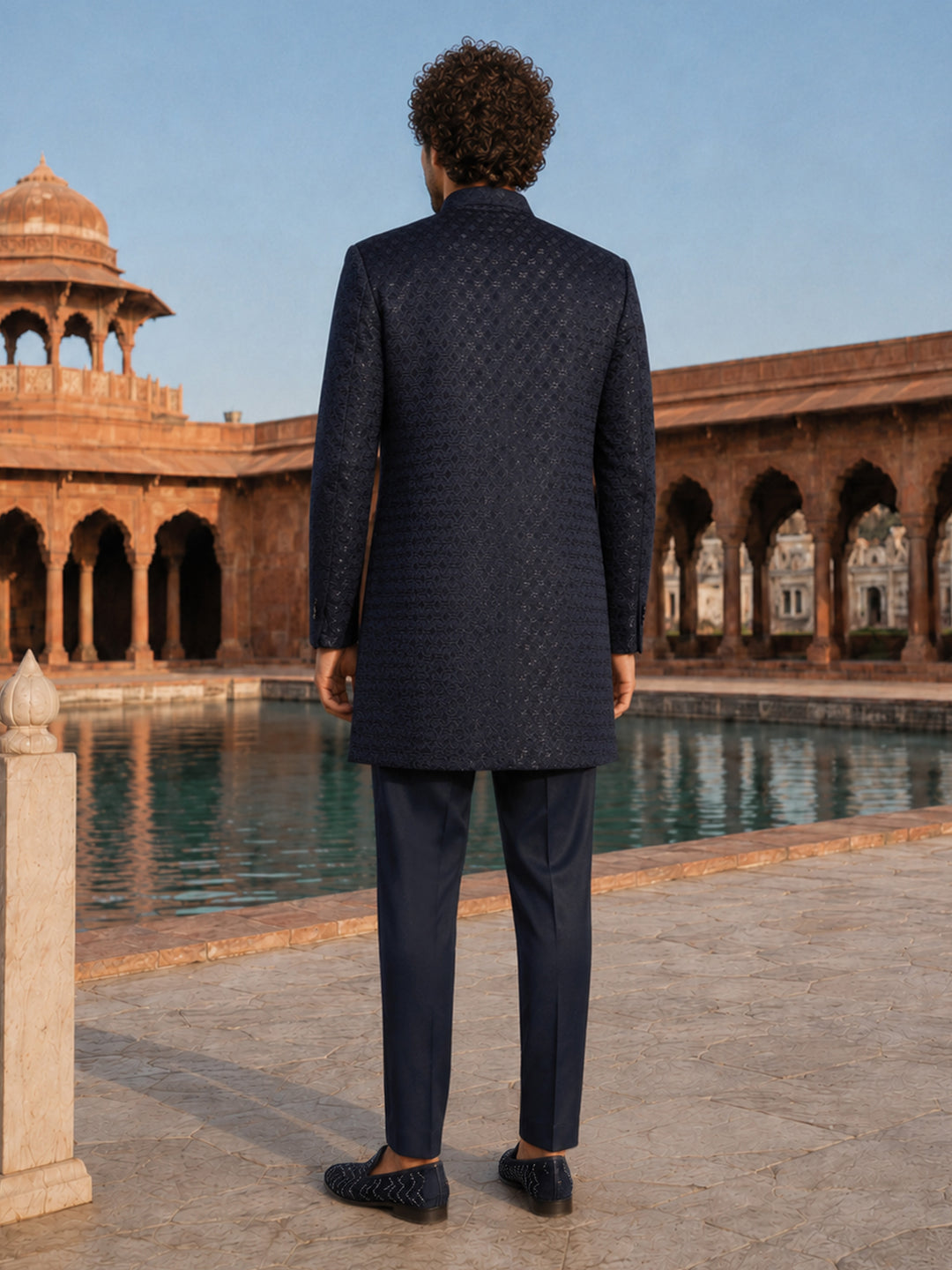 Men Navy Blue Embroidered Thread Work Knee Length Straight Pant Sherwani Set
