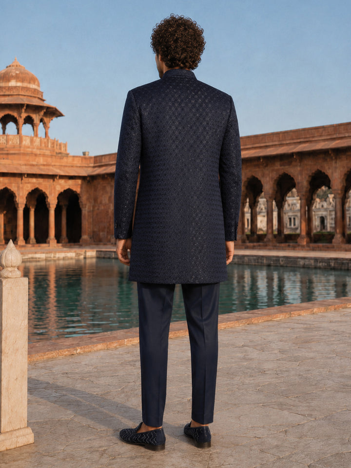 Men Navy Blue Embroidered Thread Work Knee Length Straight Pant Sherwani Set