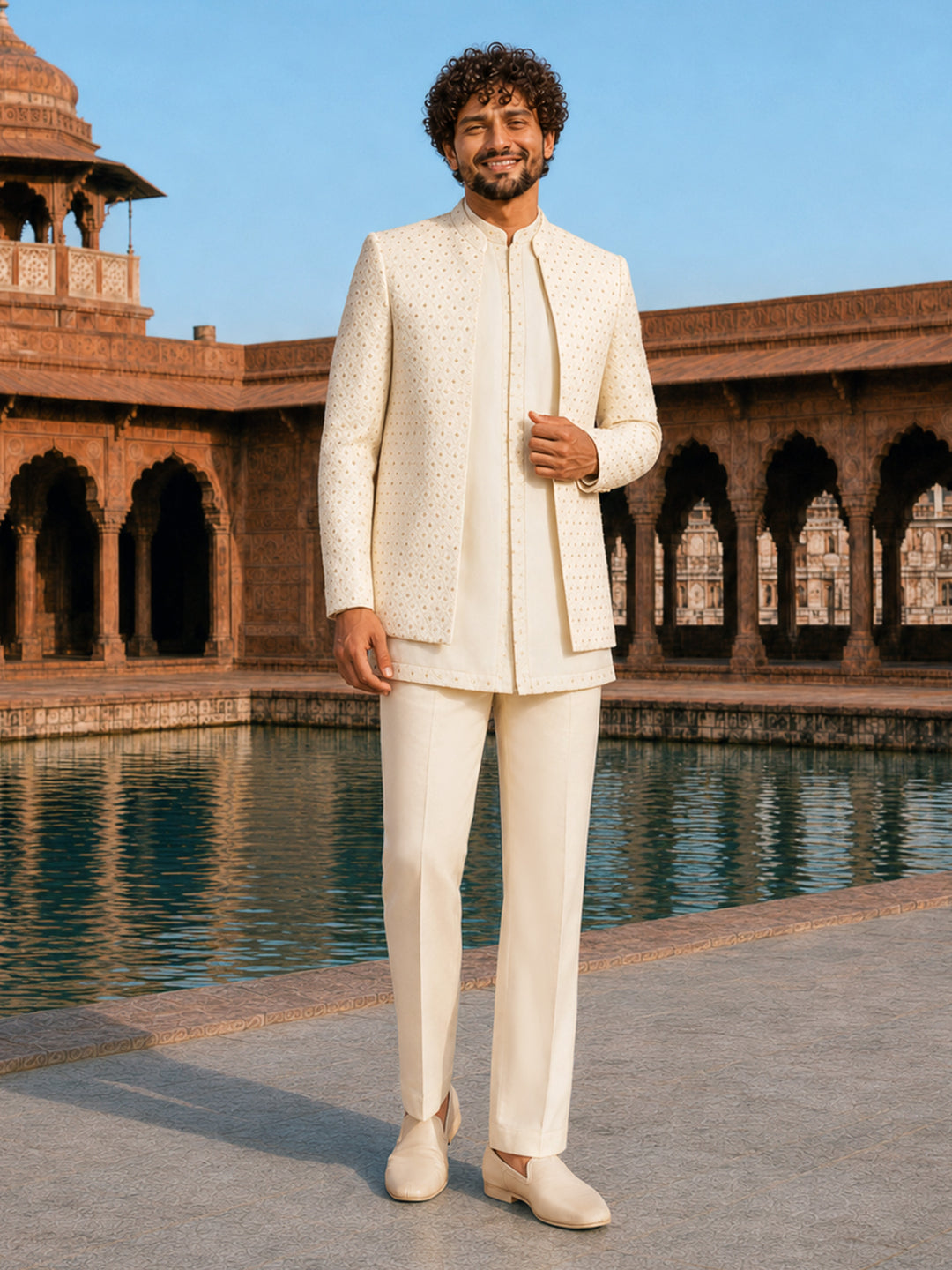Man in a cream traditional outfit standing in front of architectural ruins with water feature.