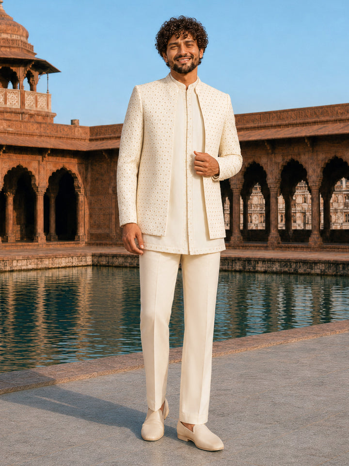 Man in a cream traditional outfit standing in front of architectural ruins with water feature.