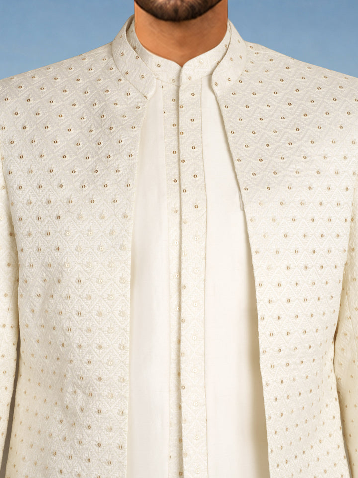 Men Off White Geometric Thread Work Waist Length Straight Pant Sherwani Set