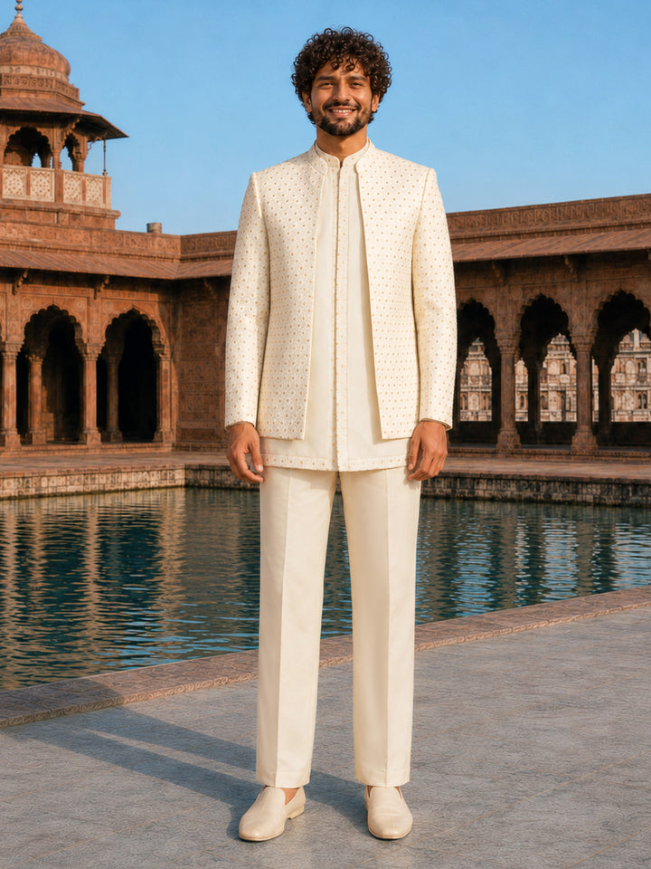 Men Off White Geometric Thread Work Waist Length Straight Pant Sherwani Set