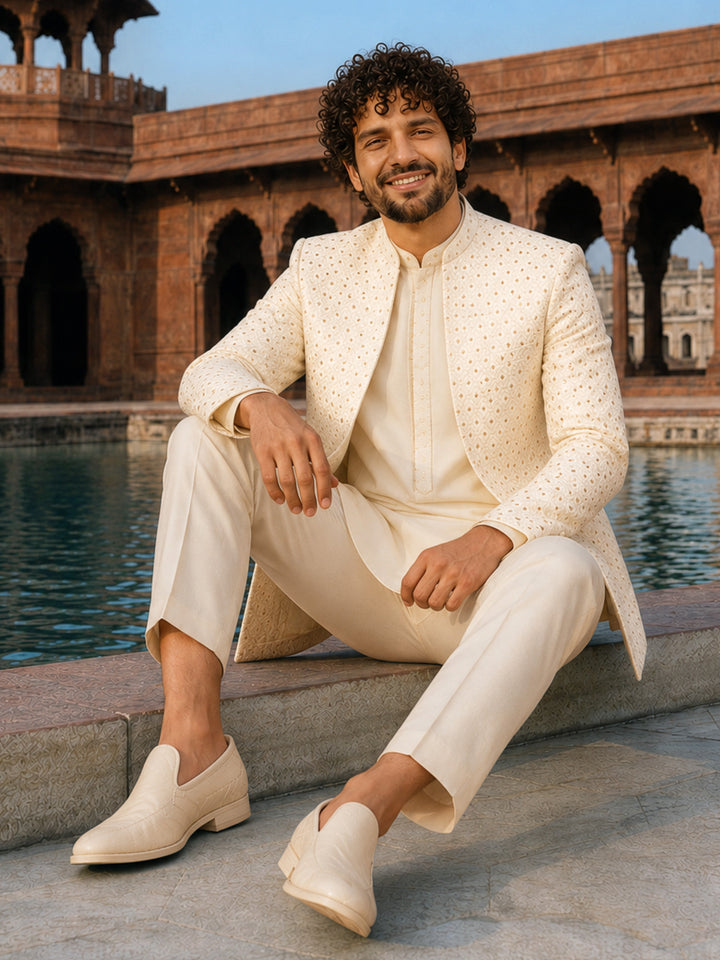 Men Off White Geometric Thread Work Waist Length Straight Pant Sherwani Set