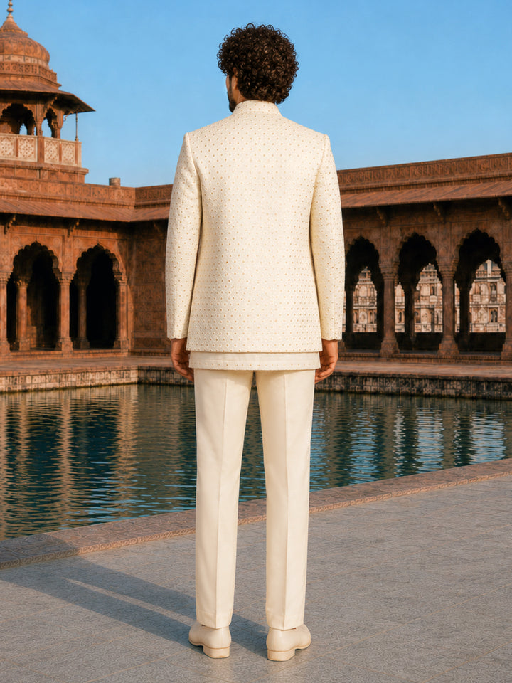 Men Off White Geometric Thread Work Waist Length Straight Pant Sherwani Set