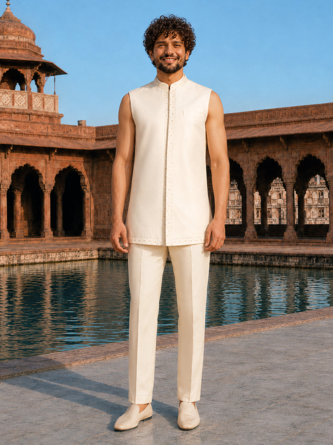 Men Off White Geometric Thread Work Waist Length Straight Pant Sherwani Set