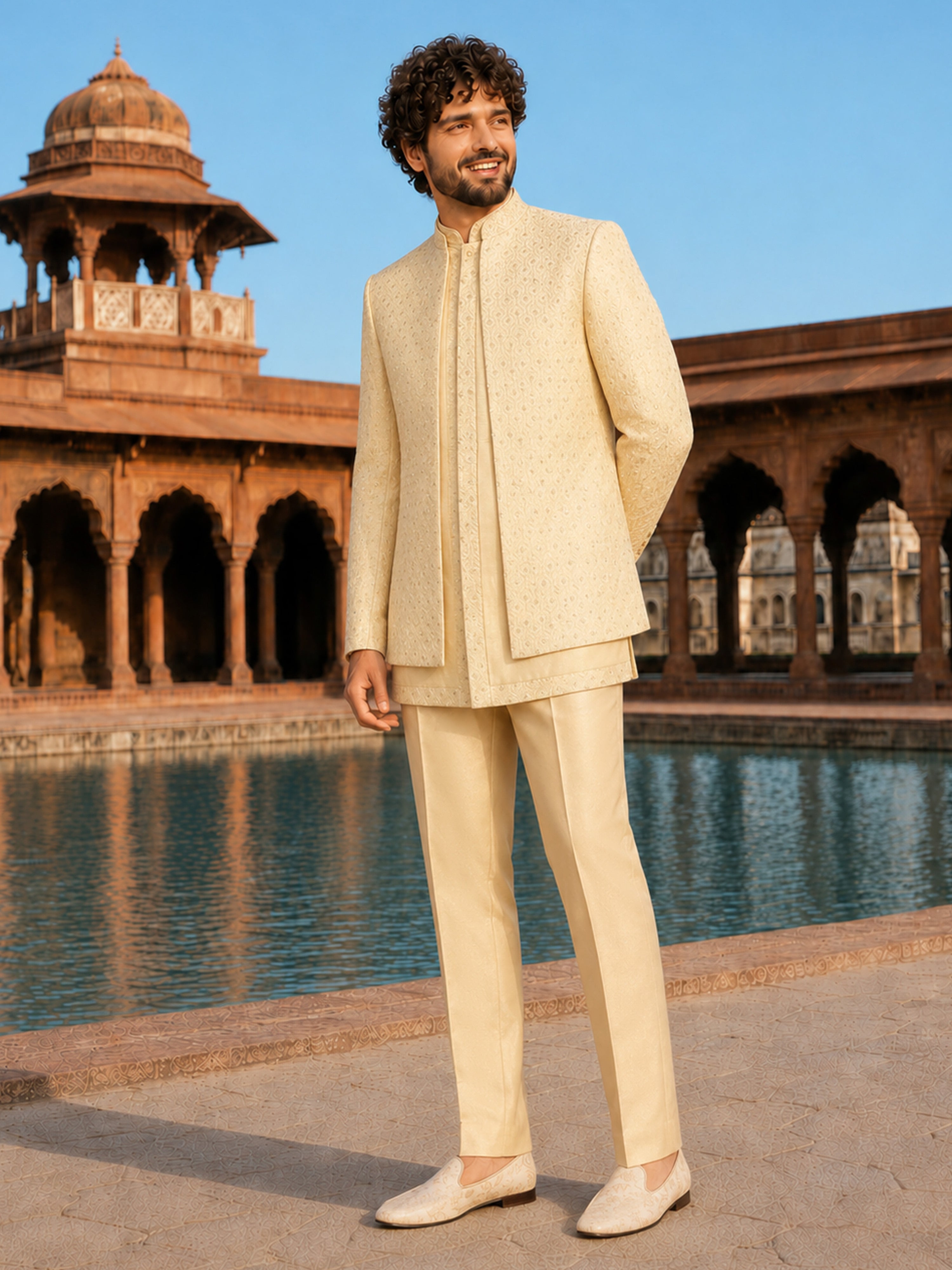 Men Cream Self Design Woven-Design Waist Length Sherwani Set with Straight Pant