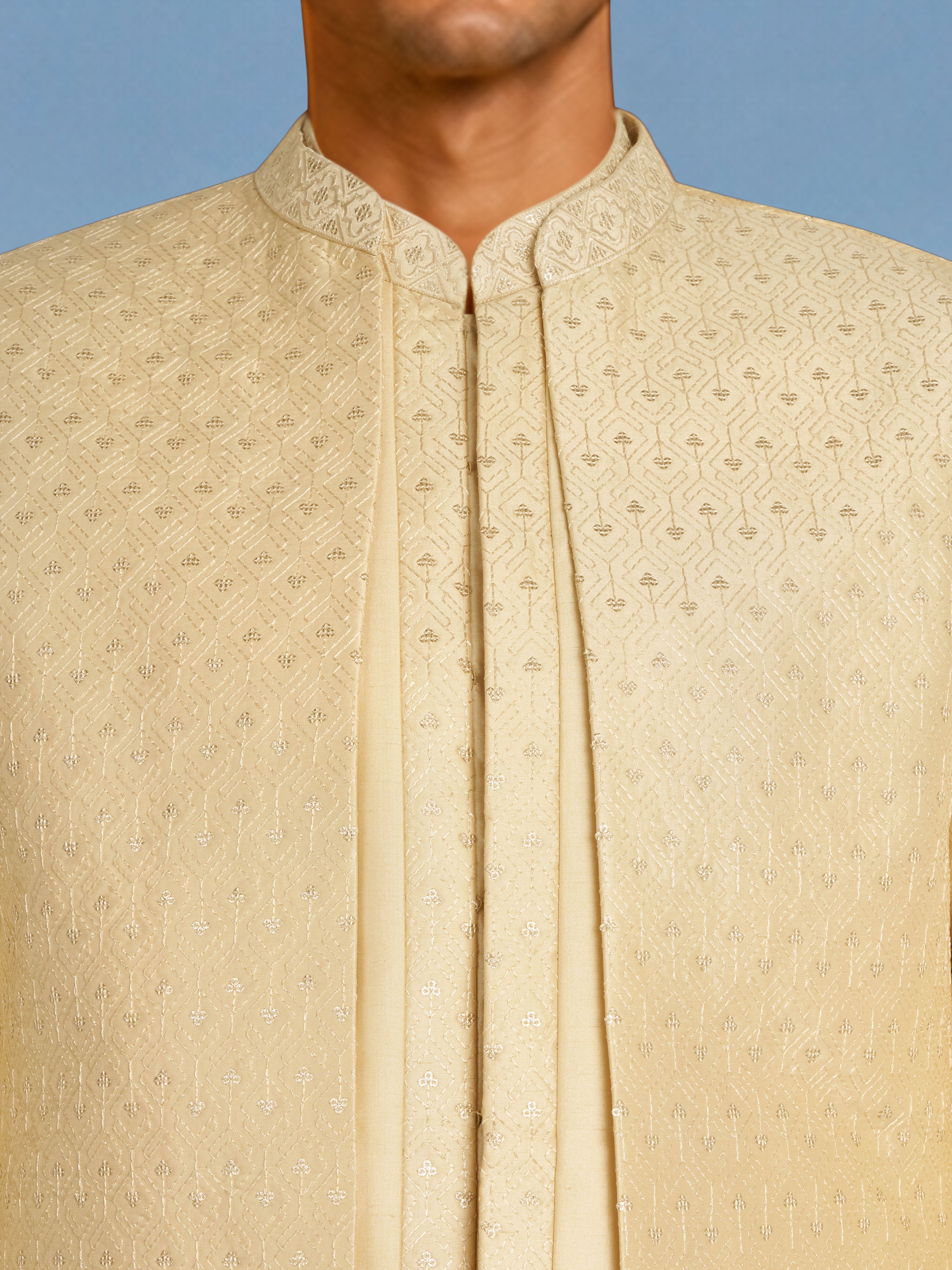 Men Cream Self Design Woven-Design Waist Length Sherwani Set with Straight Pant