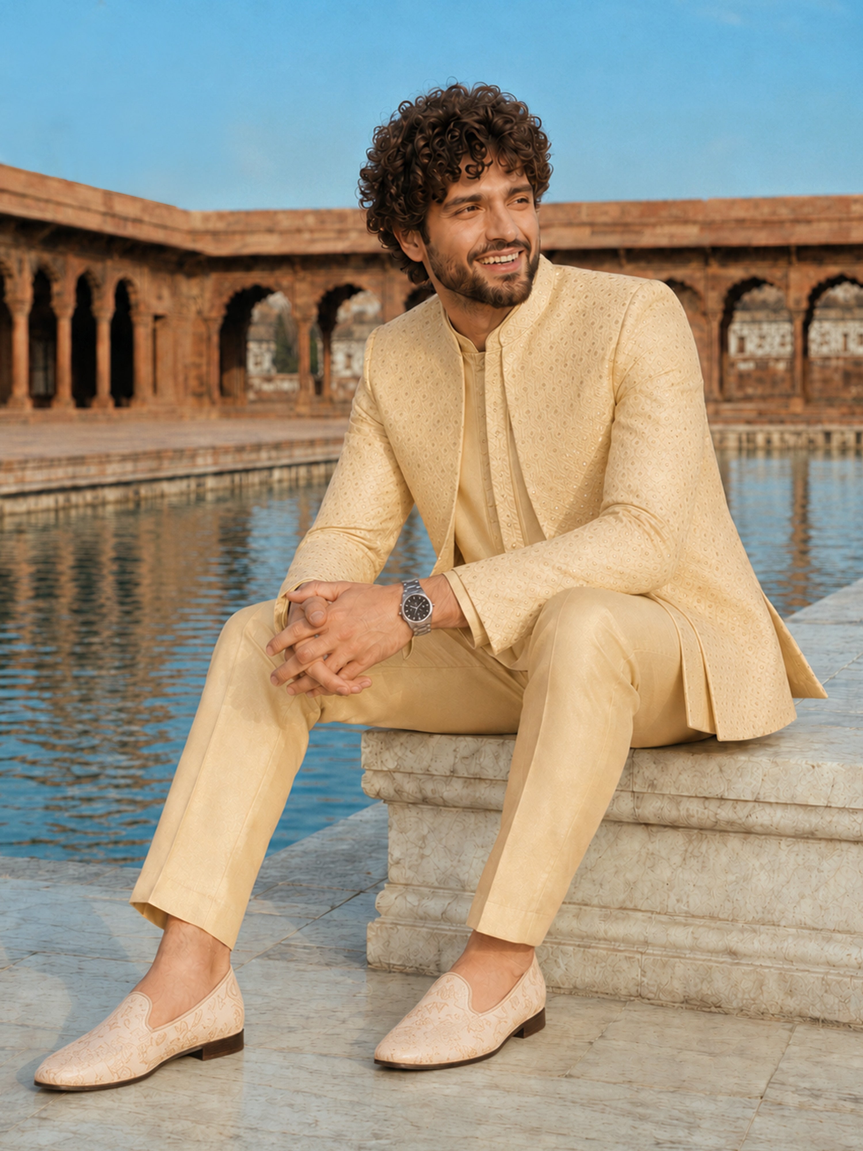 Men Cream Self Design Woven-Design Waist Length Sherwani Set with Straight Pant