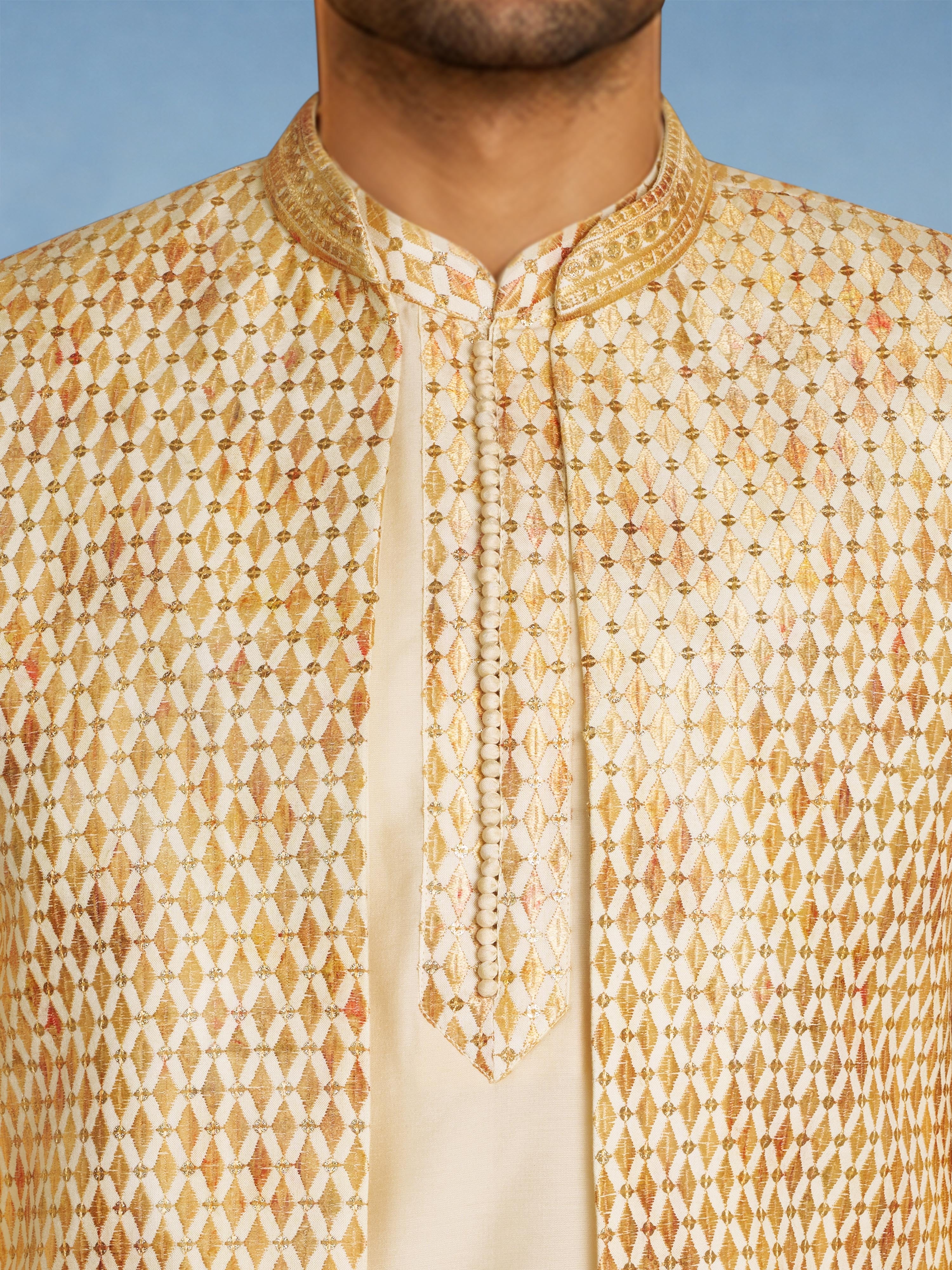 Men Cream Embroidered Silk Blend Jodhpuri with Kurta & Pant Set