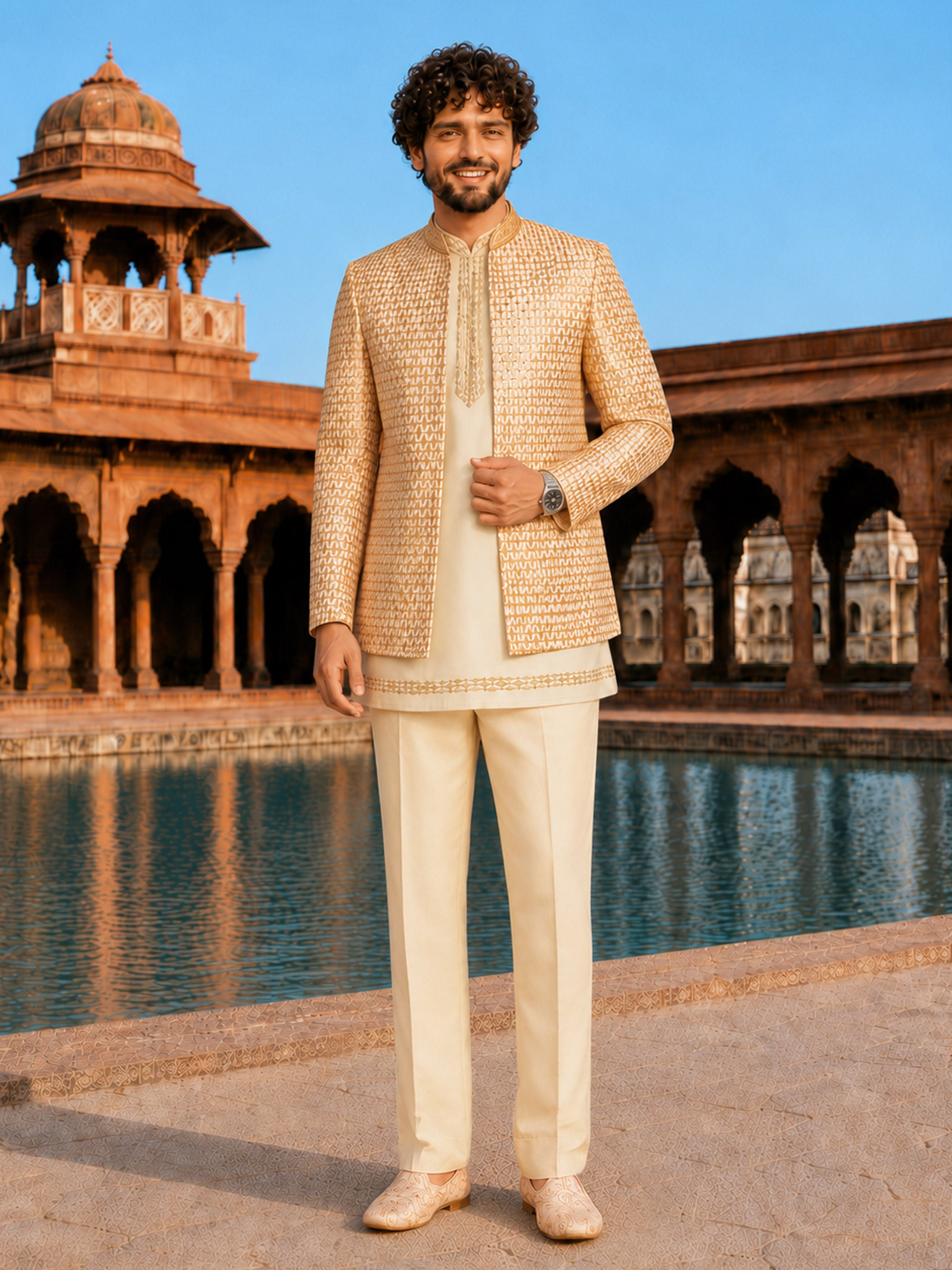 Men Cream Embroidered Silk Blend Jodhpuri with Kurta & Pant Set
