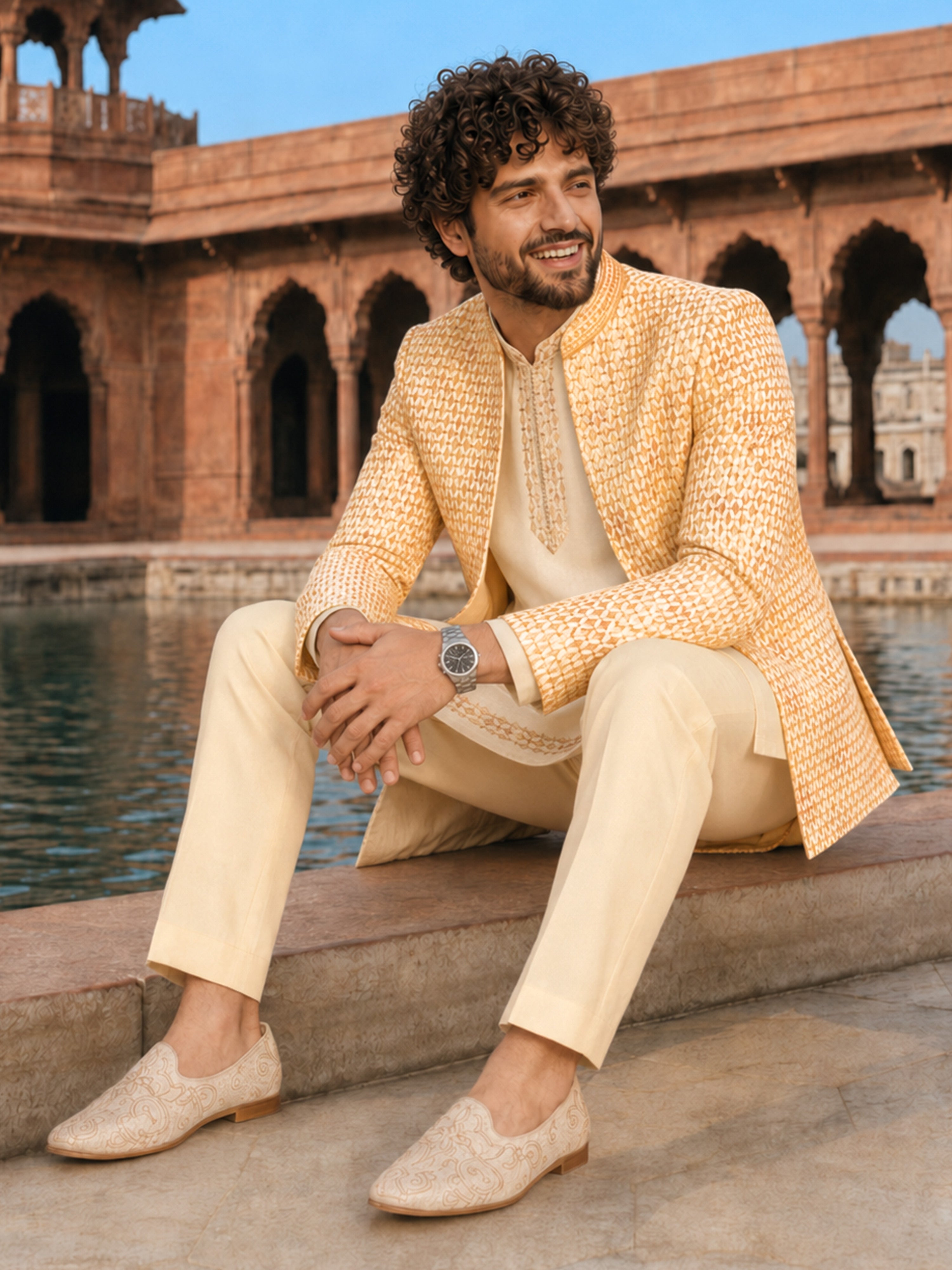 Men Cream Embroidered Silk Blend Jodhpuri with Kurta & Pant Set