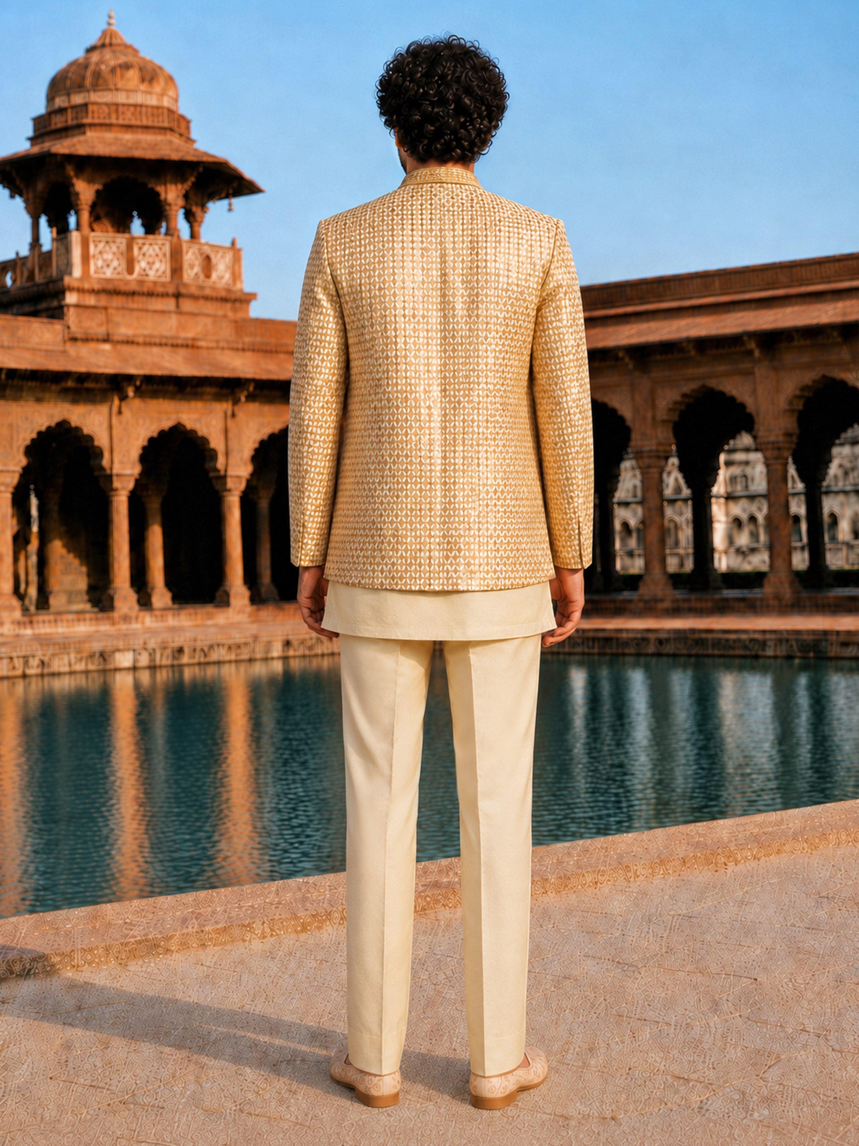 Men Cream Embroidered Silk Blend Jodhpuri with Kurta & Pant Set