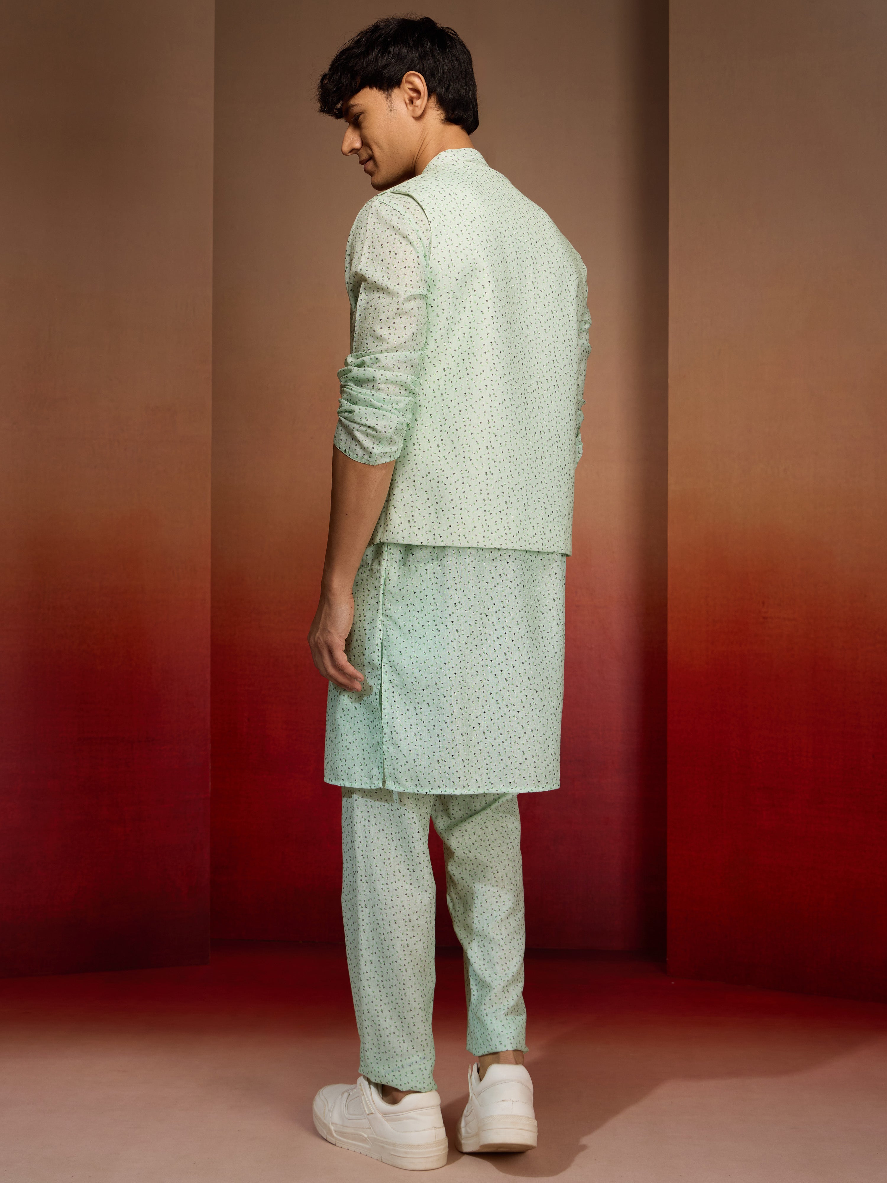 Men's Peach Mint Green Cotton Linen 3-Piece Set