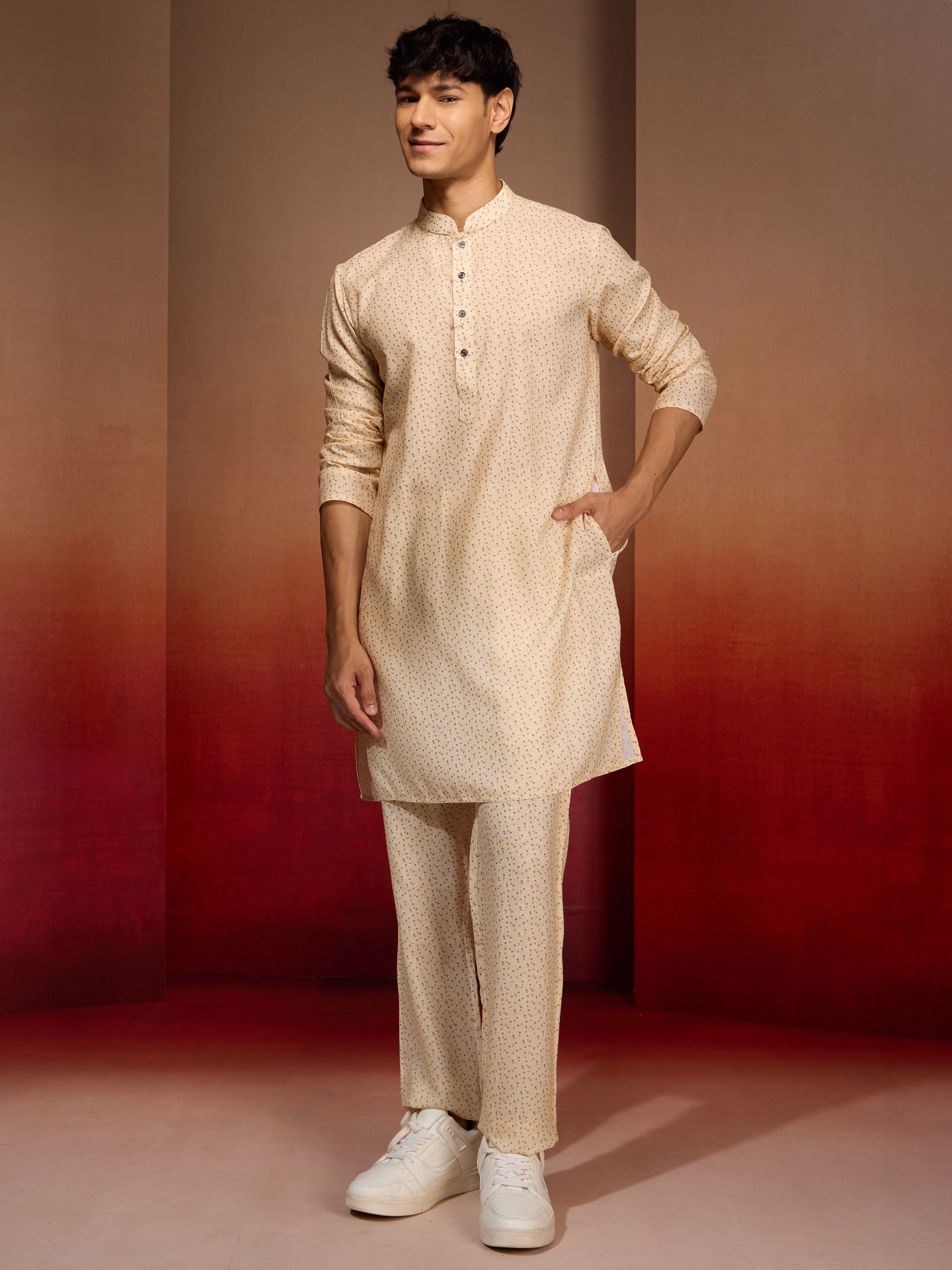 Men's Peach Yellow Cotton Linen 3-Piece Set