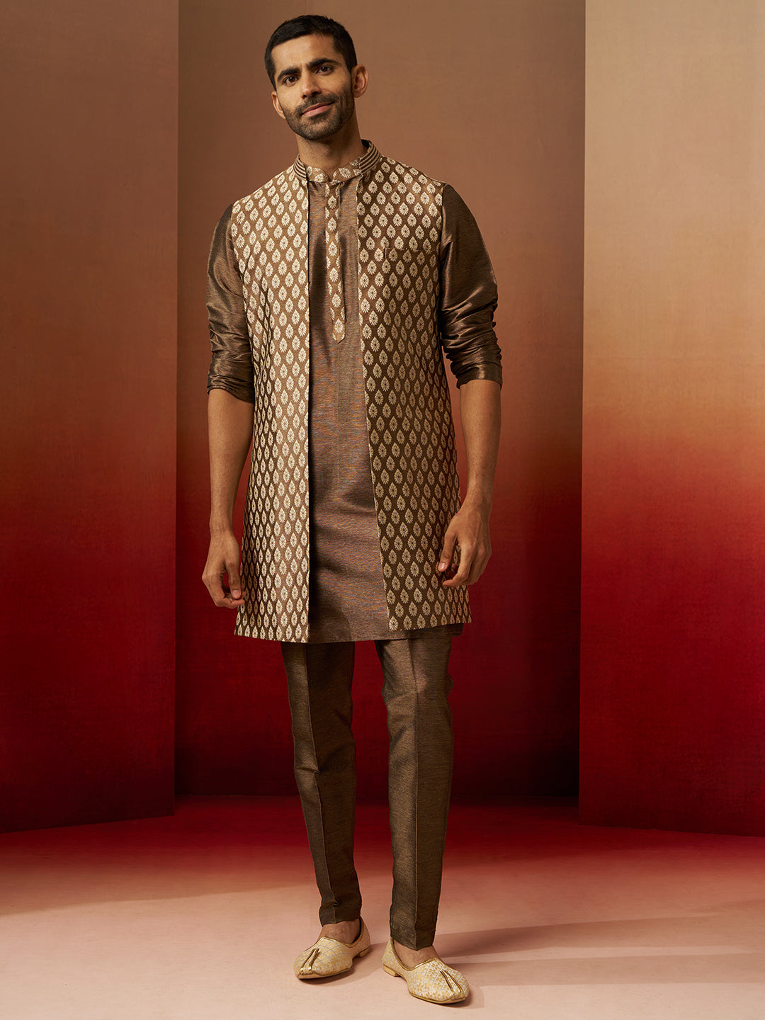 Men Bronze Gold Silk 3-Piece Jacquard Set