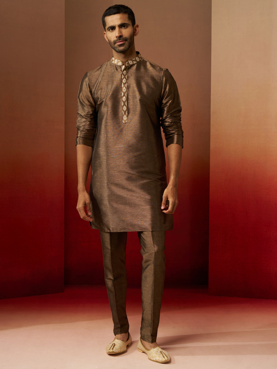 Men Bronze Gold Silk 3-Piece Jacquard Set