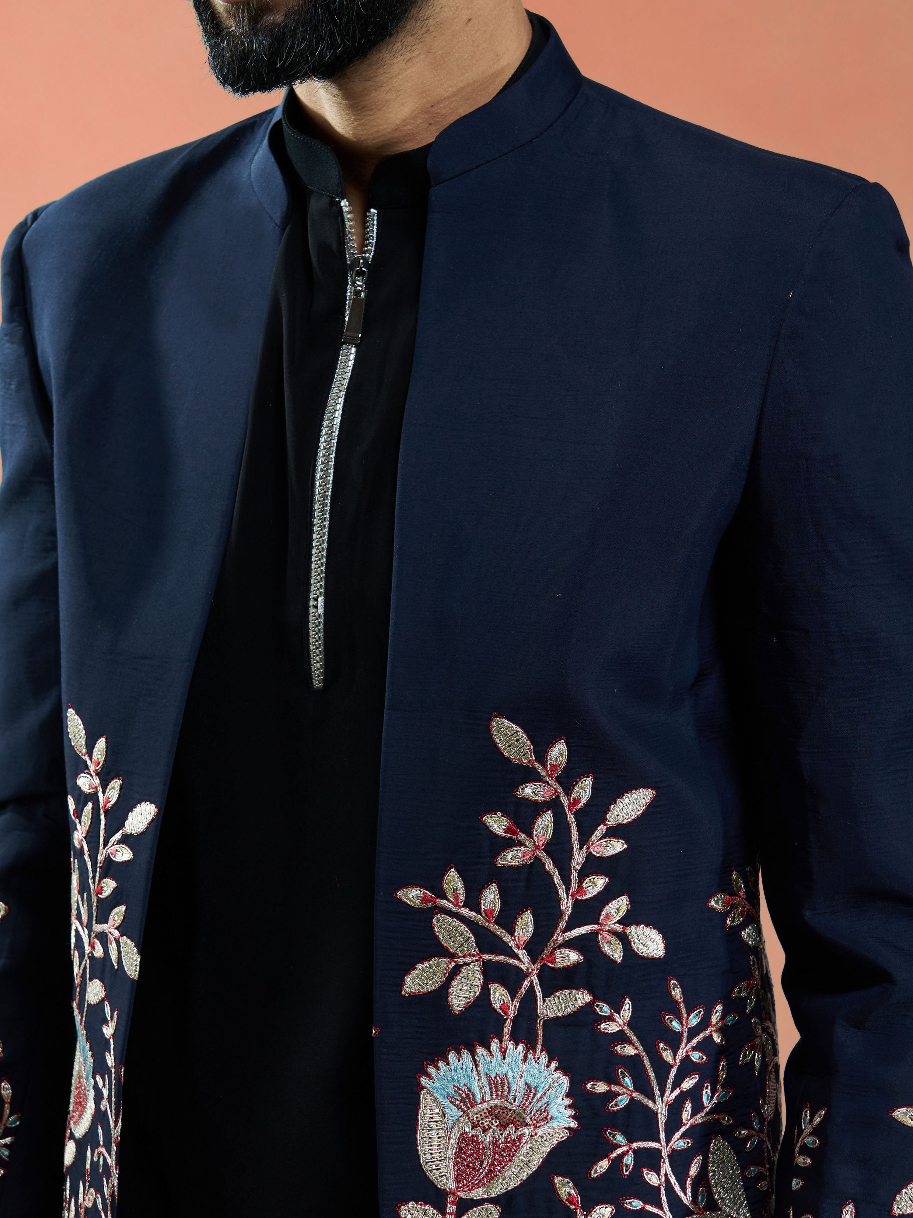 Men Navy Blue Silk Blend Floral Zari & Thread Embroidered Jodhpuri with Black Imported Suiting Pant Set