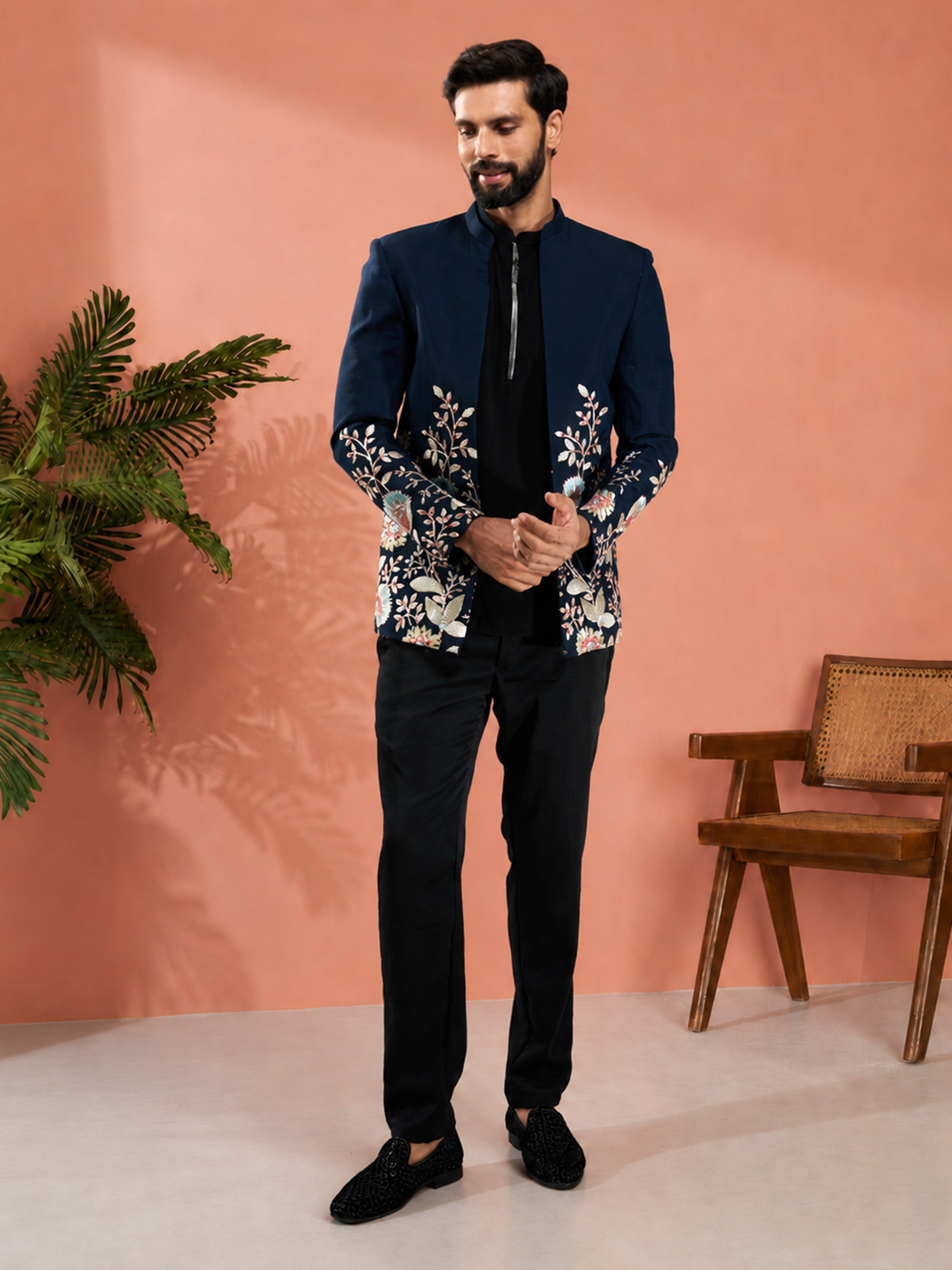 Men Navy Blue Silk Blend Floral Zari & Thread Embroidered Jodhpuri with Black Imported Suiting Pant Set