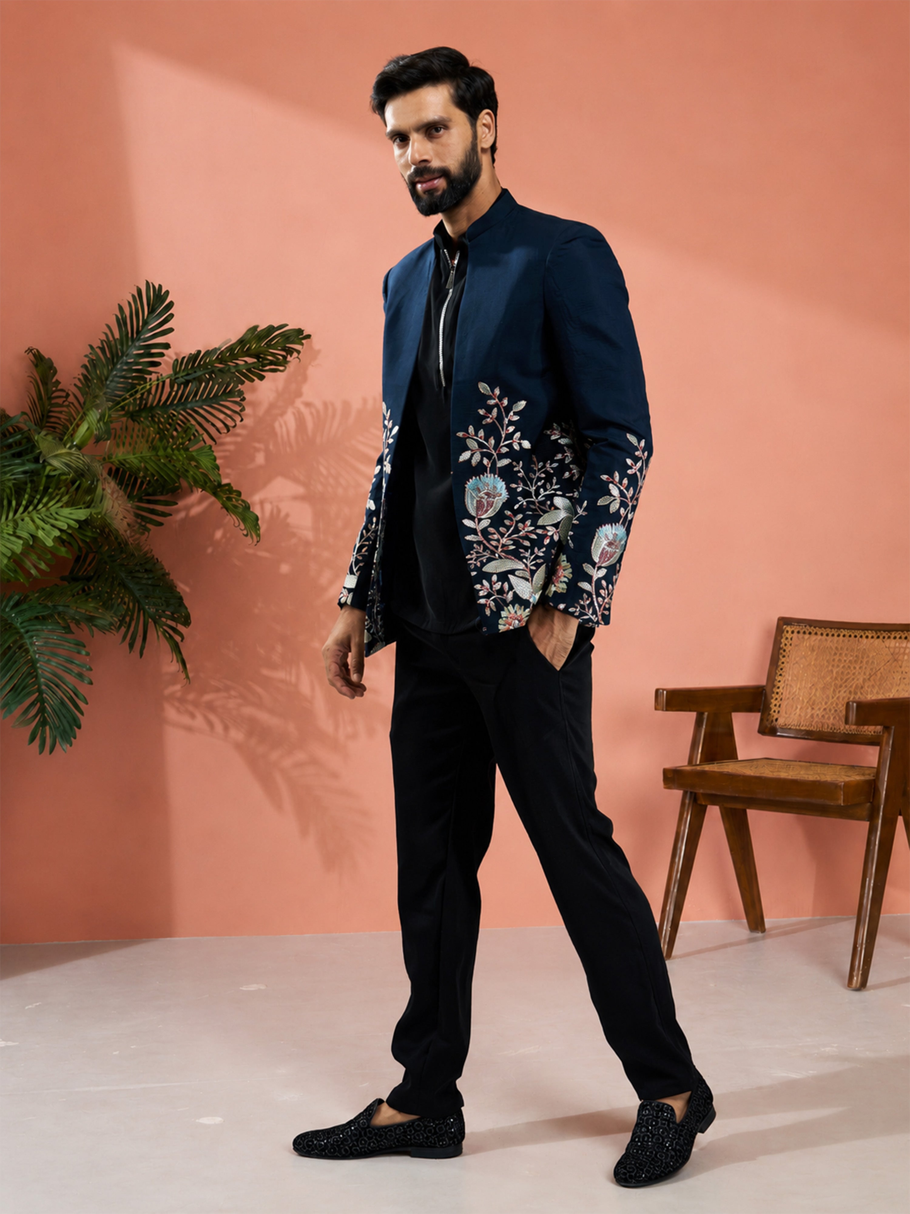 Men Navy Blue Silk Blend Floral Zari & Thread Embroidered Jodhpuri with Black Imported Suiting Pant Set