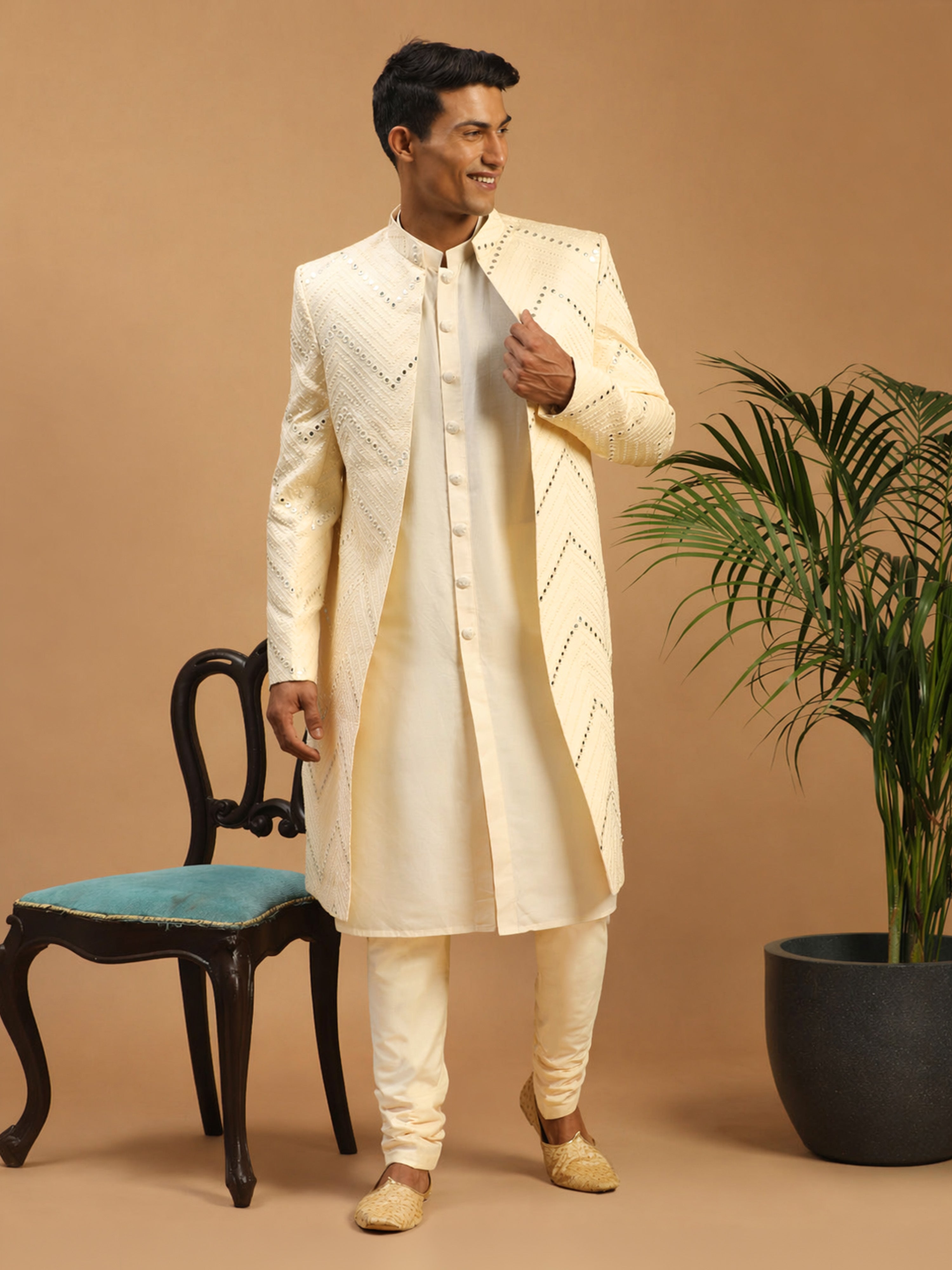 Men Cream Mirror Work Silk Blend Indo-Western Kurta with Churidar Set