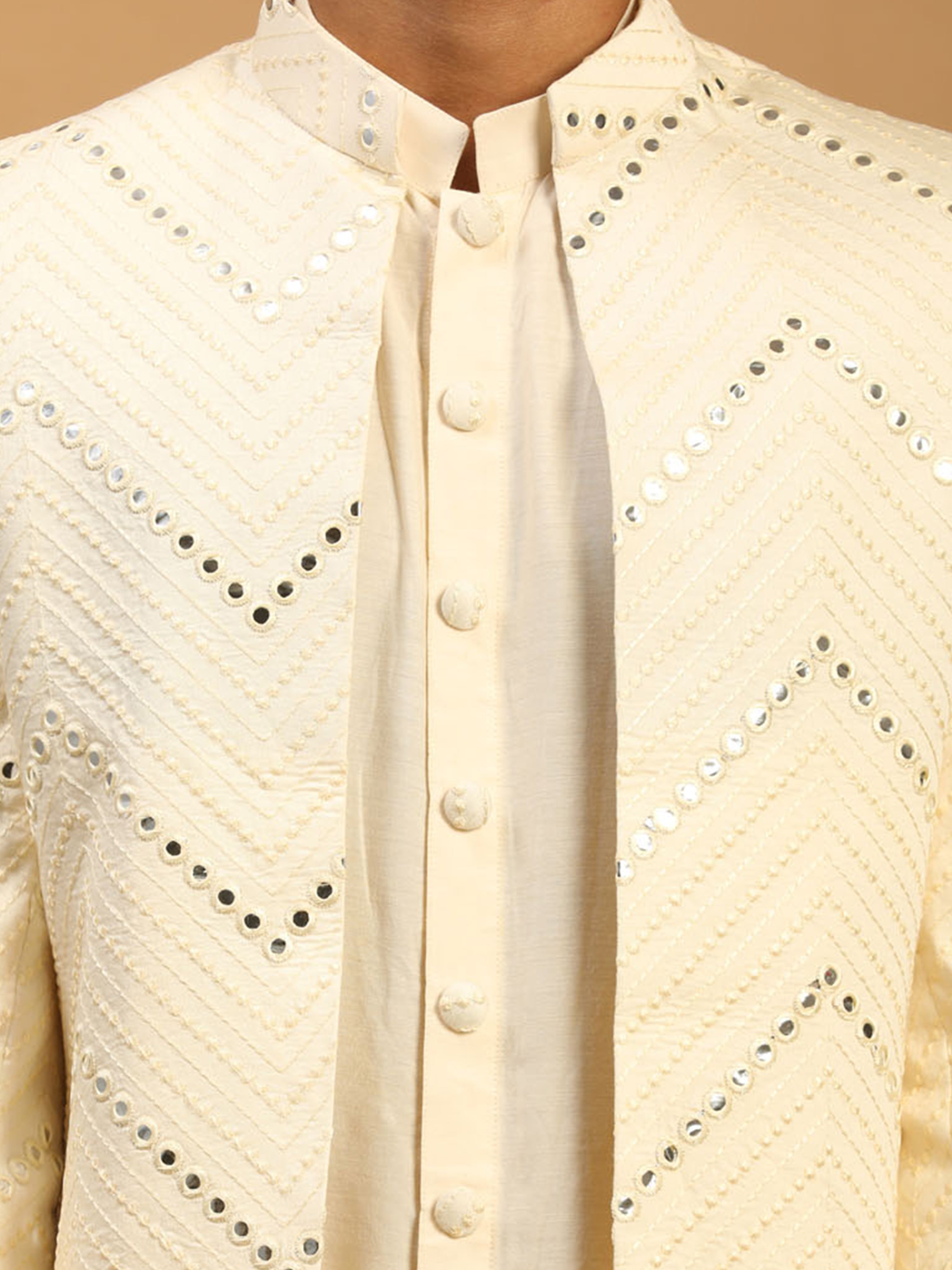 Men Cream Mirror Work Silk Blend Indo-Western Kurta with Churidar Set