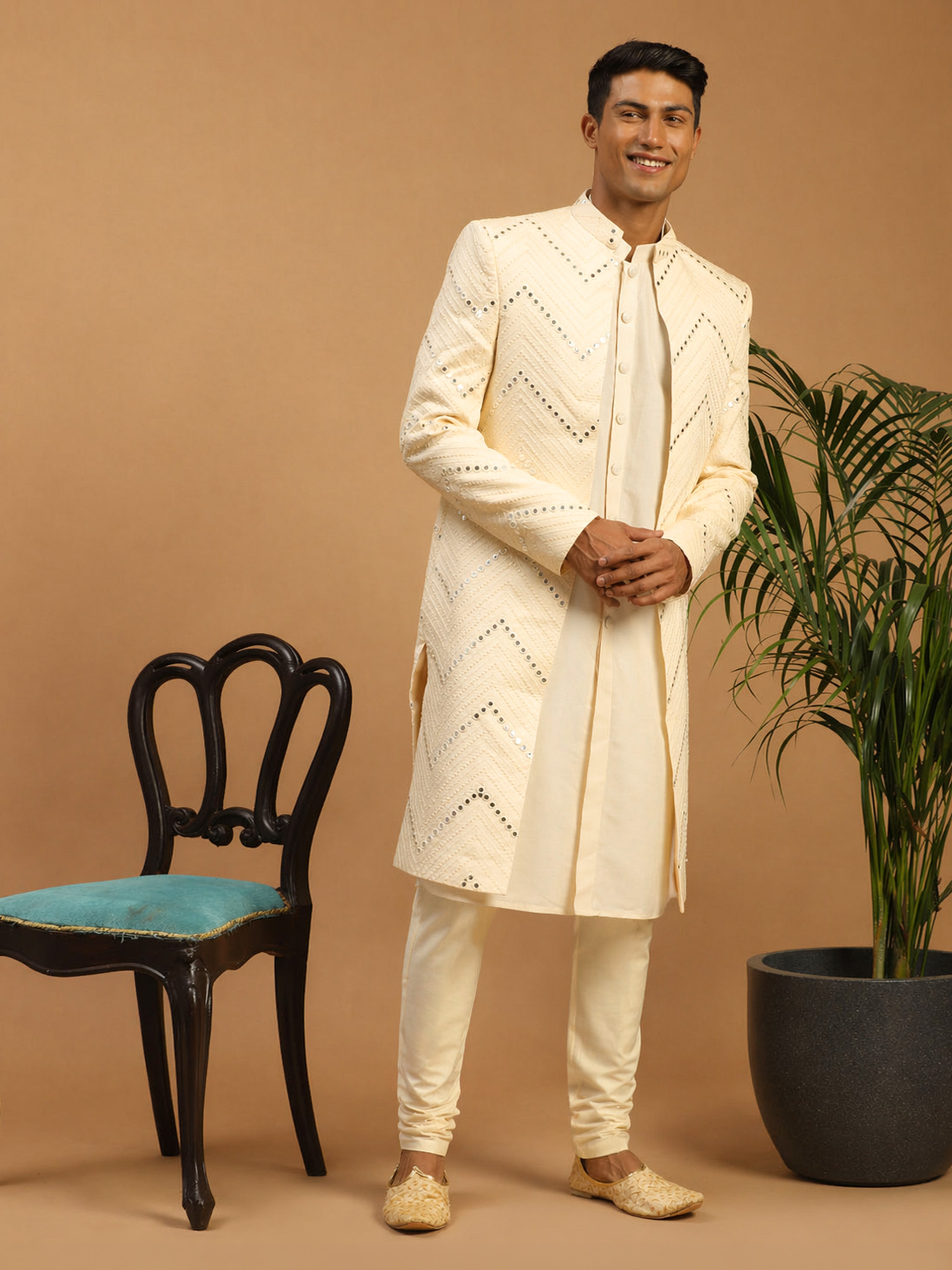 Men Cream Mirror Work Silk Blend Indo-Western Kurta with Churidar Set