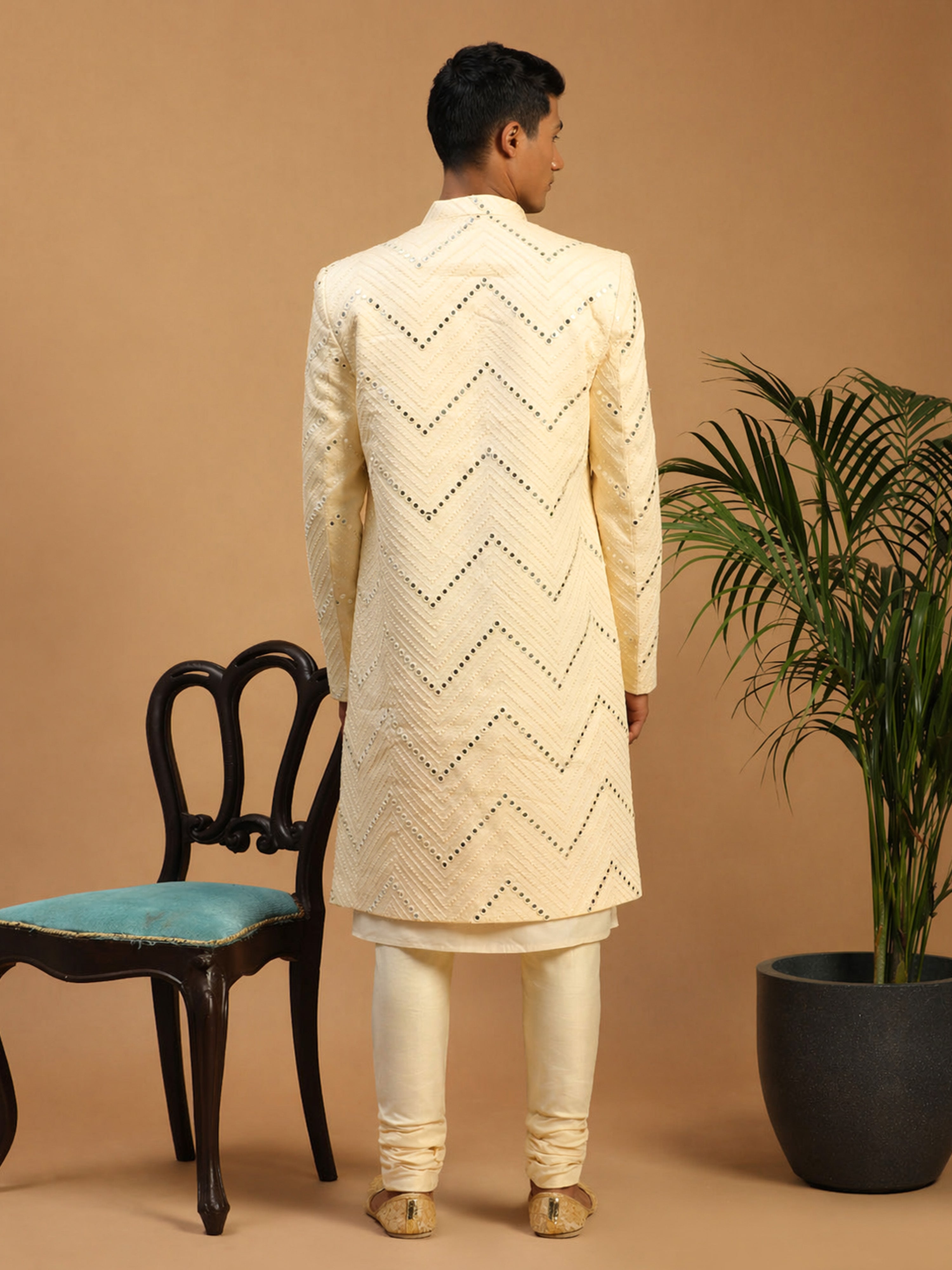 Men Cream Mirror Work Silk Blend Indo-Western Kurta with Churidar Set