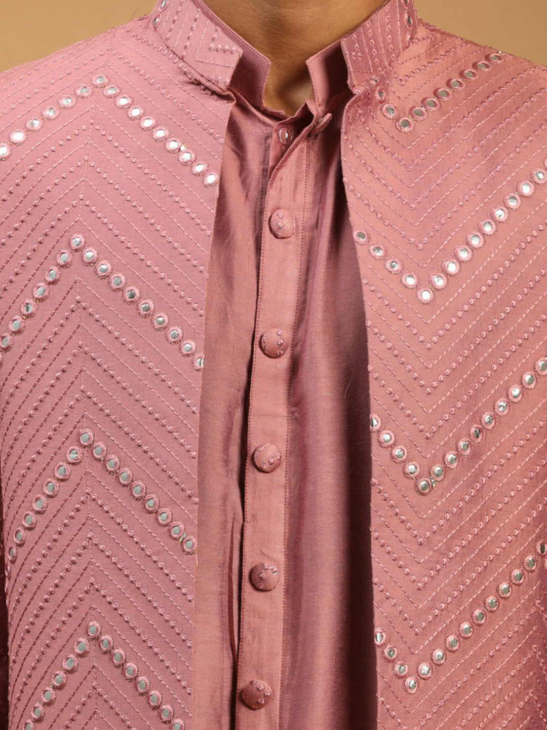 Men Onion Pink Mirror Work Silk Blend Indo-Western Kurta with Cream Churidar Set