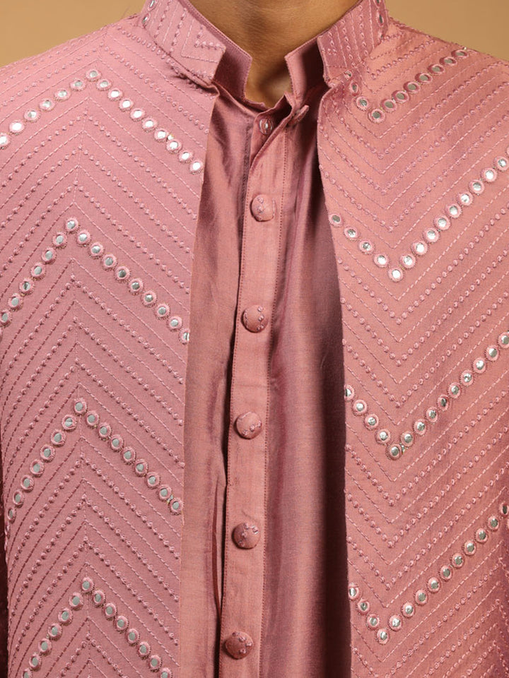 Men Onion Pink Mirror Work Silk Blend Indo-Western Kurta with Cream Churidar Set
