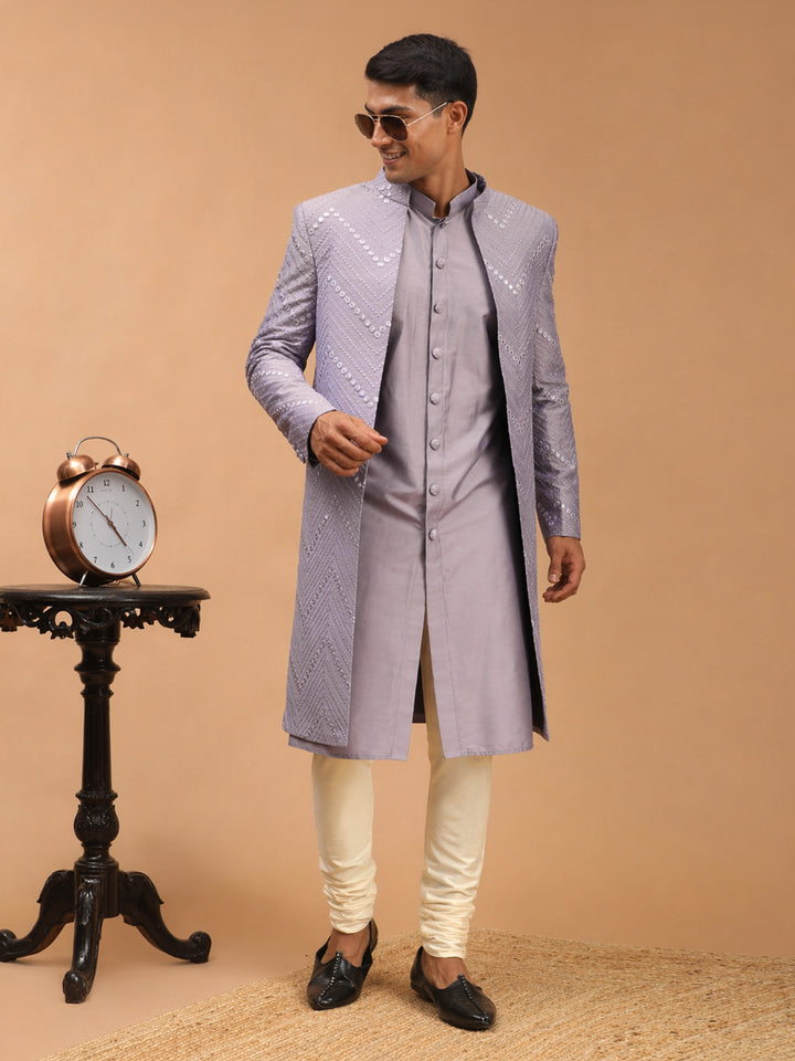 Men Purple Mirror Work Silk Blend Indo-Western Kurta with Cream Churidar Set