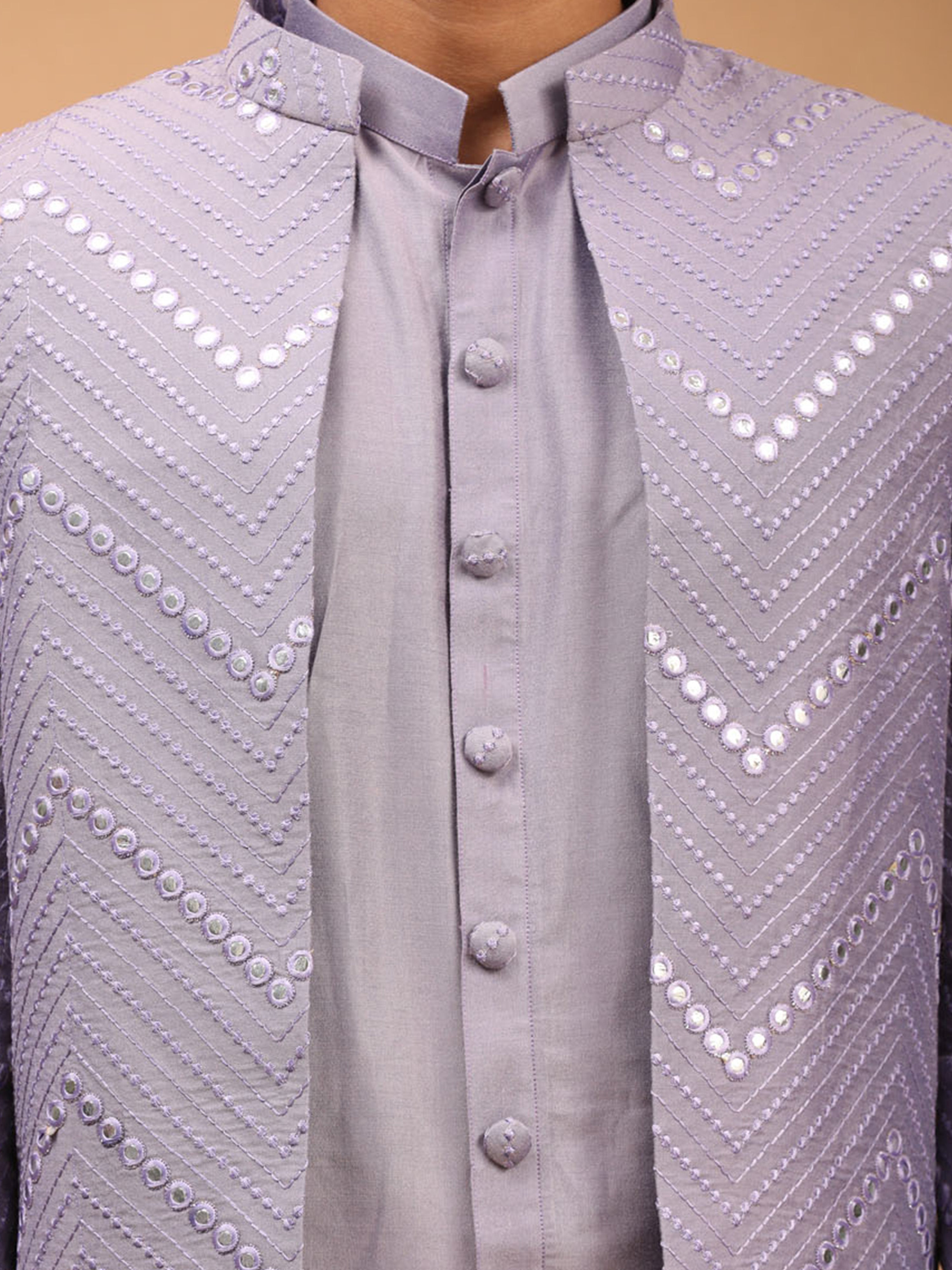 Men Purple Mirror Work Silk Blend Indo-Western Kurta with Cream Churidar Set