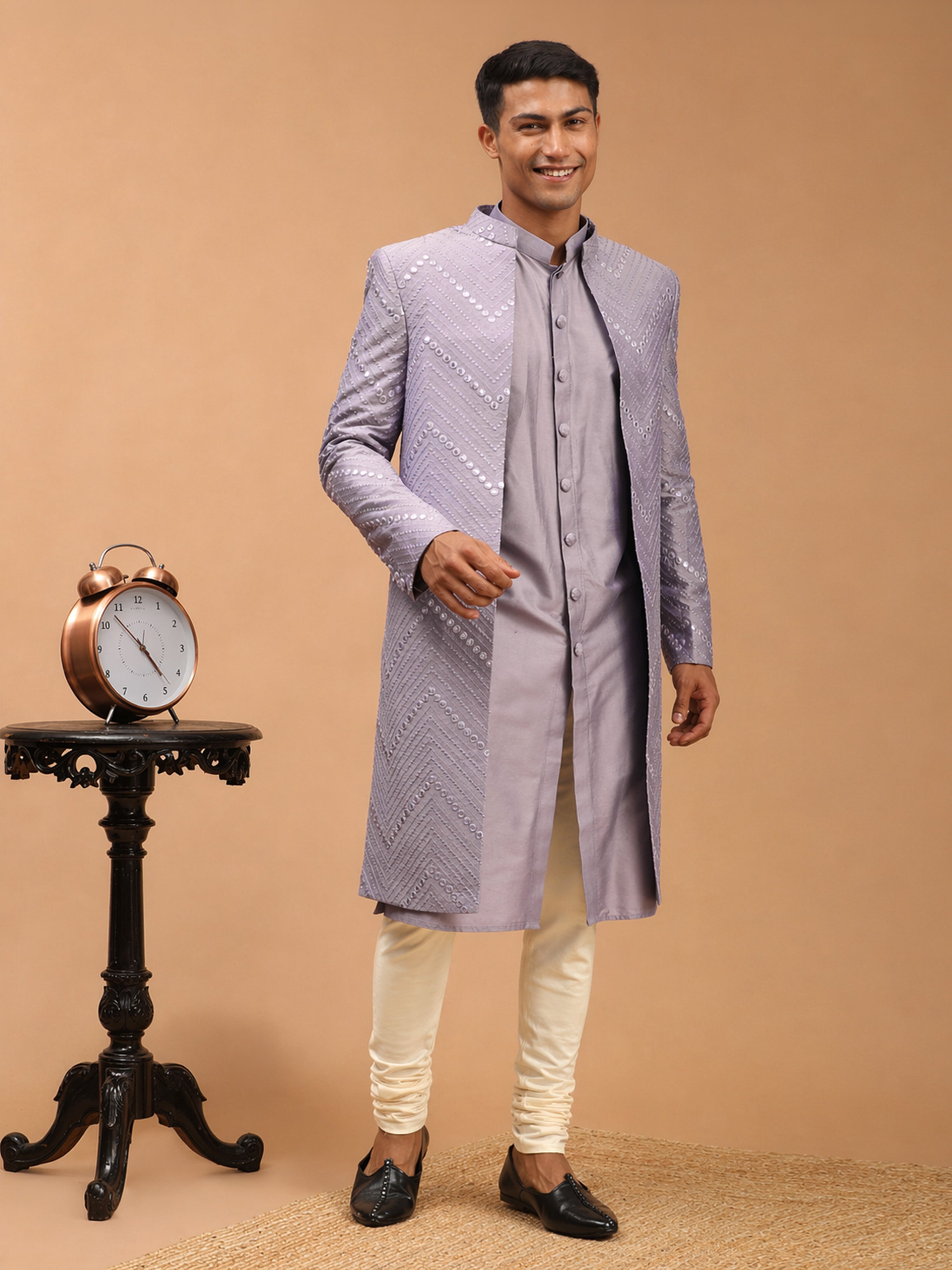 Men Purple Mirror Work Silk Blend Indo-Western Kurta with Cream Churidar Set