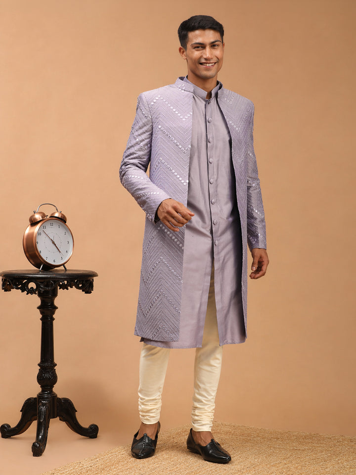 Men Purple Mirror Work Silk Blend Indo-Western Kurta with Cream Churidar Set
