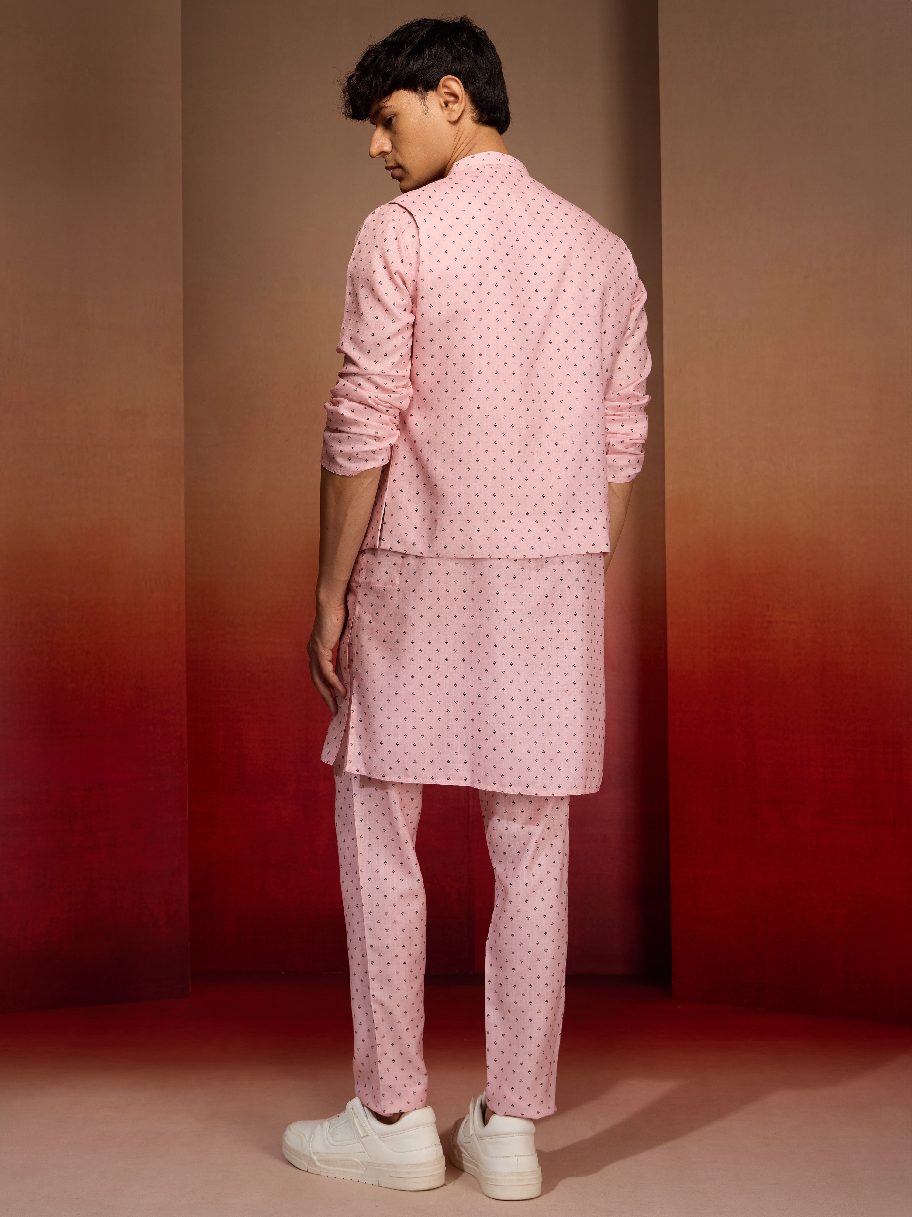 Men's Peach Cotton Linen 3-Piece Nehru Set
