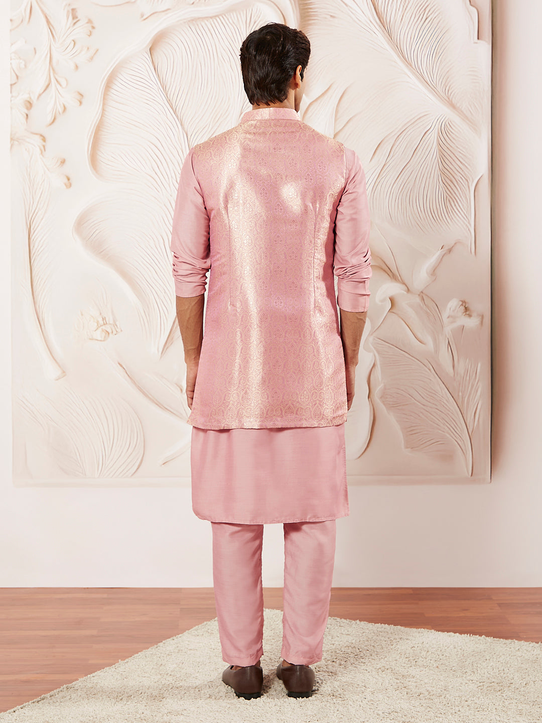 Men's Pink Silk Blend Jacket Kurta And Pyjama Set