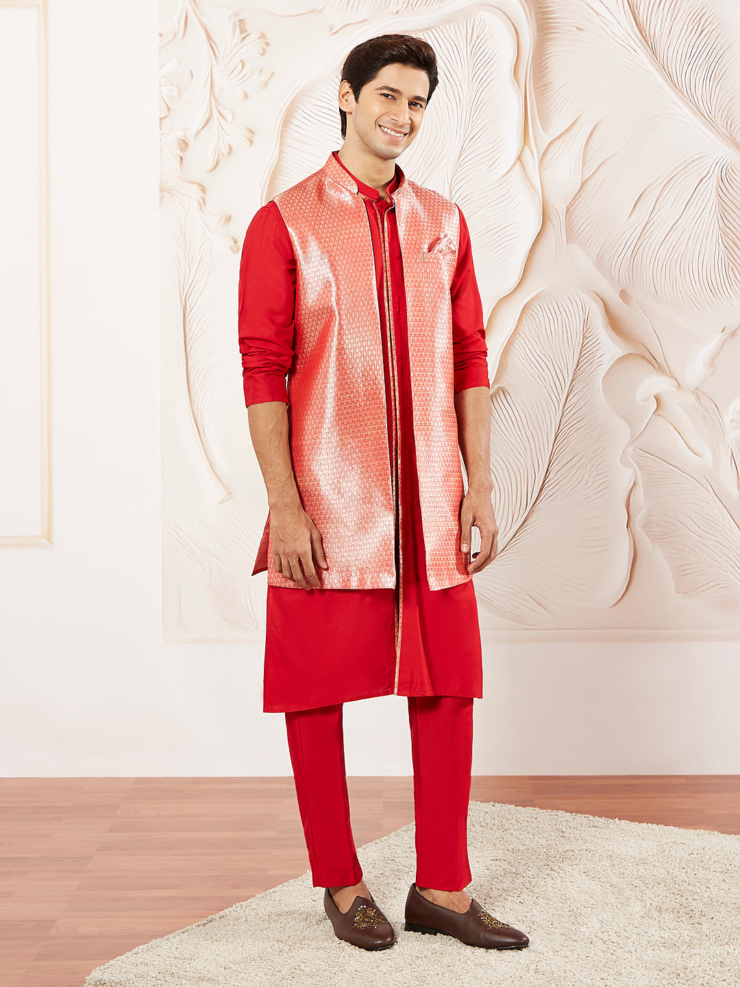 Men's Red Silk Blend Jacket Kurta And Pyjama Set