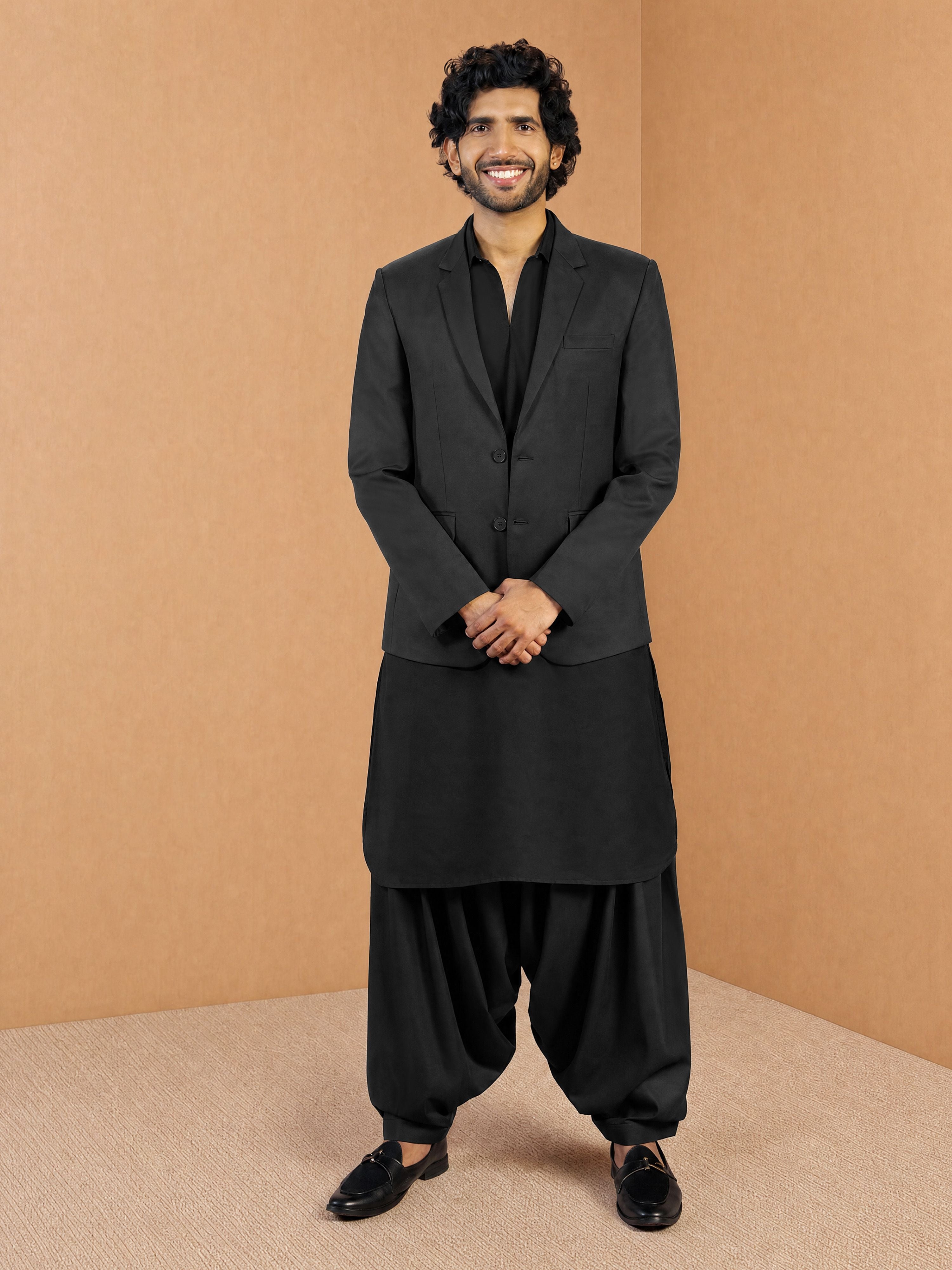 Men's Black Cotton-Silk Solid Knee Length Blazer and Pathani Kurta with Patiala
