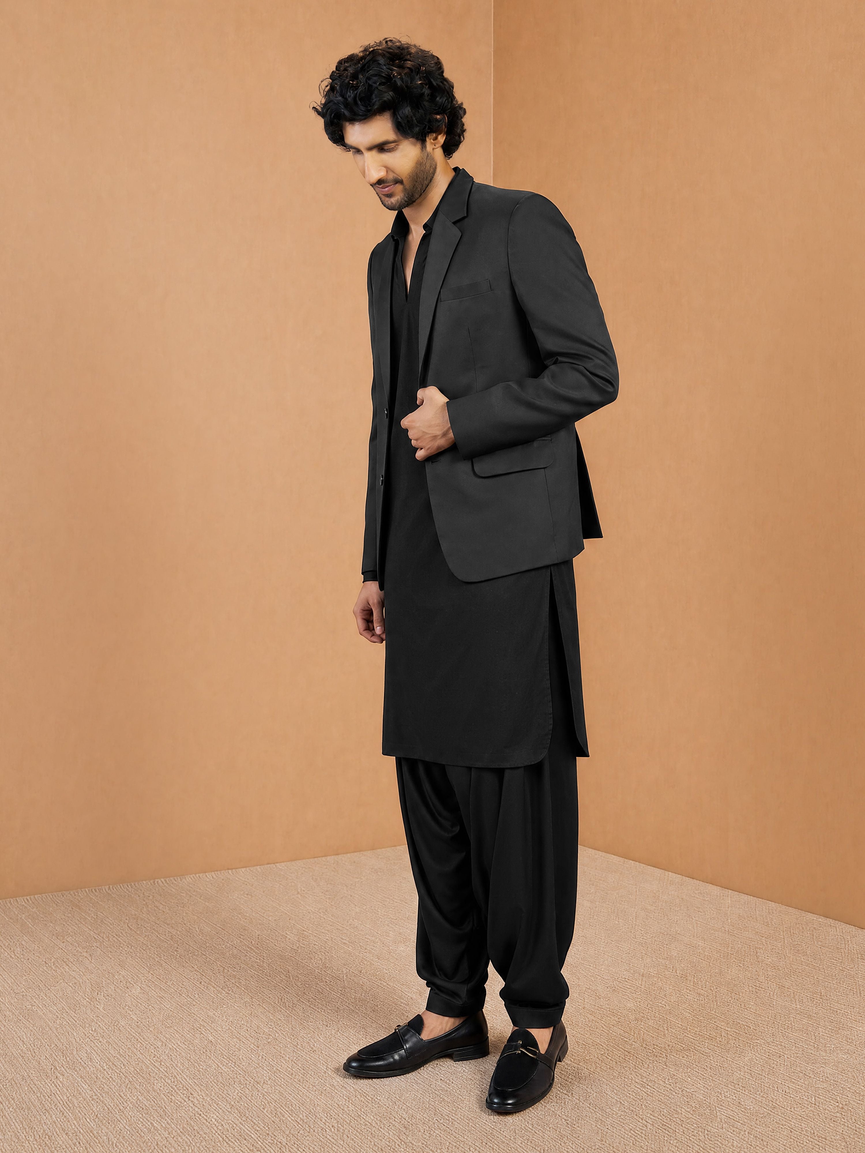 Men's Black Cotton-Silk Solid Knee Length Blazer and Pathani Kurta with Patiala