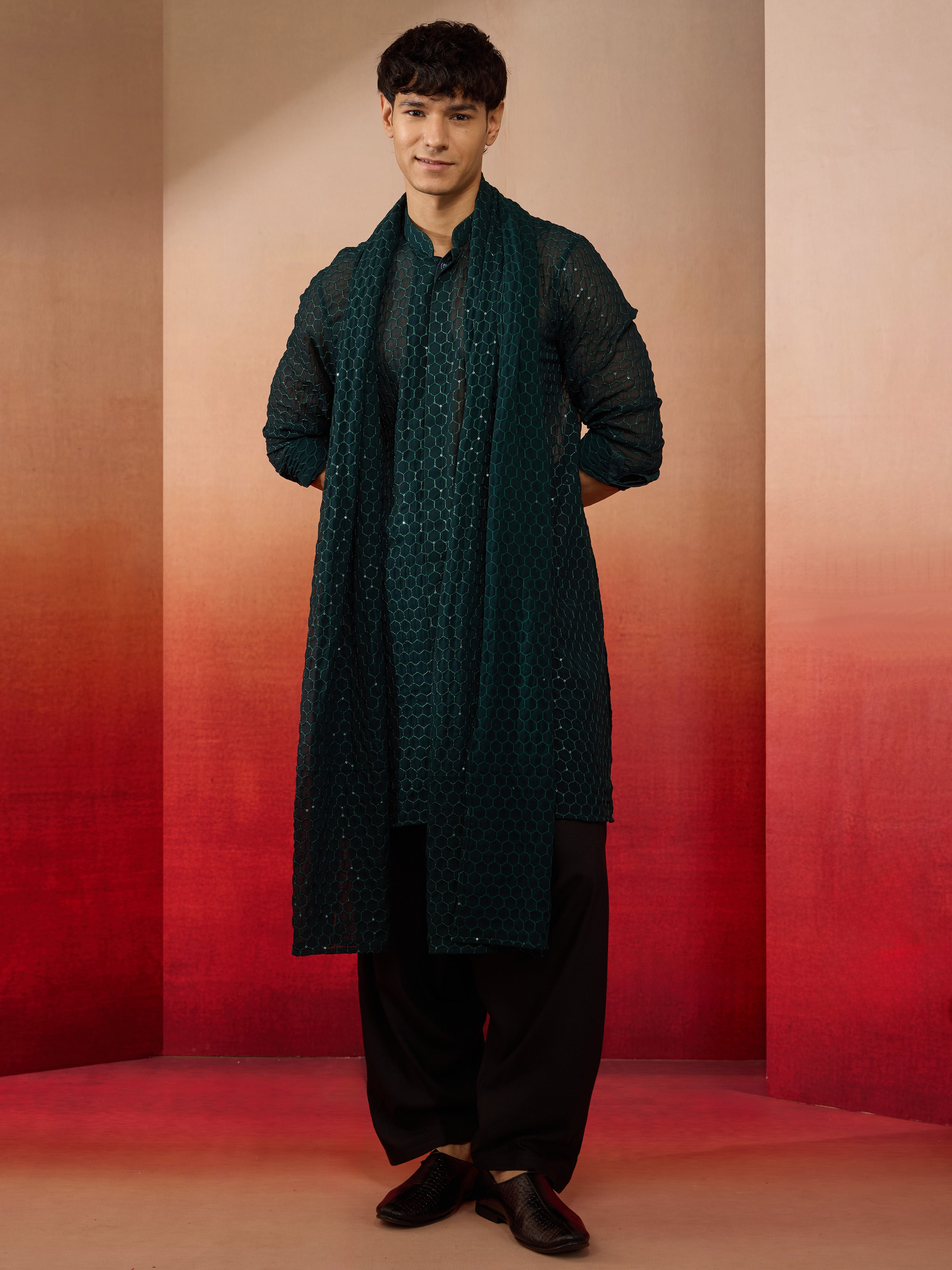 Men's Bottle Green Georgette Plain Dupatta