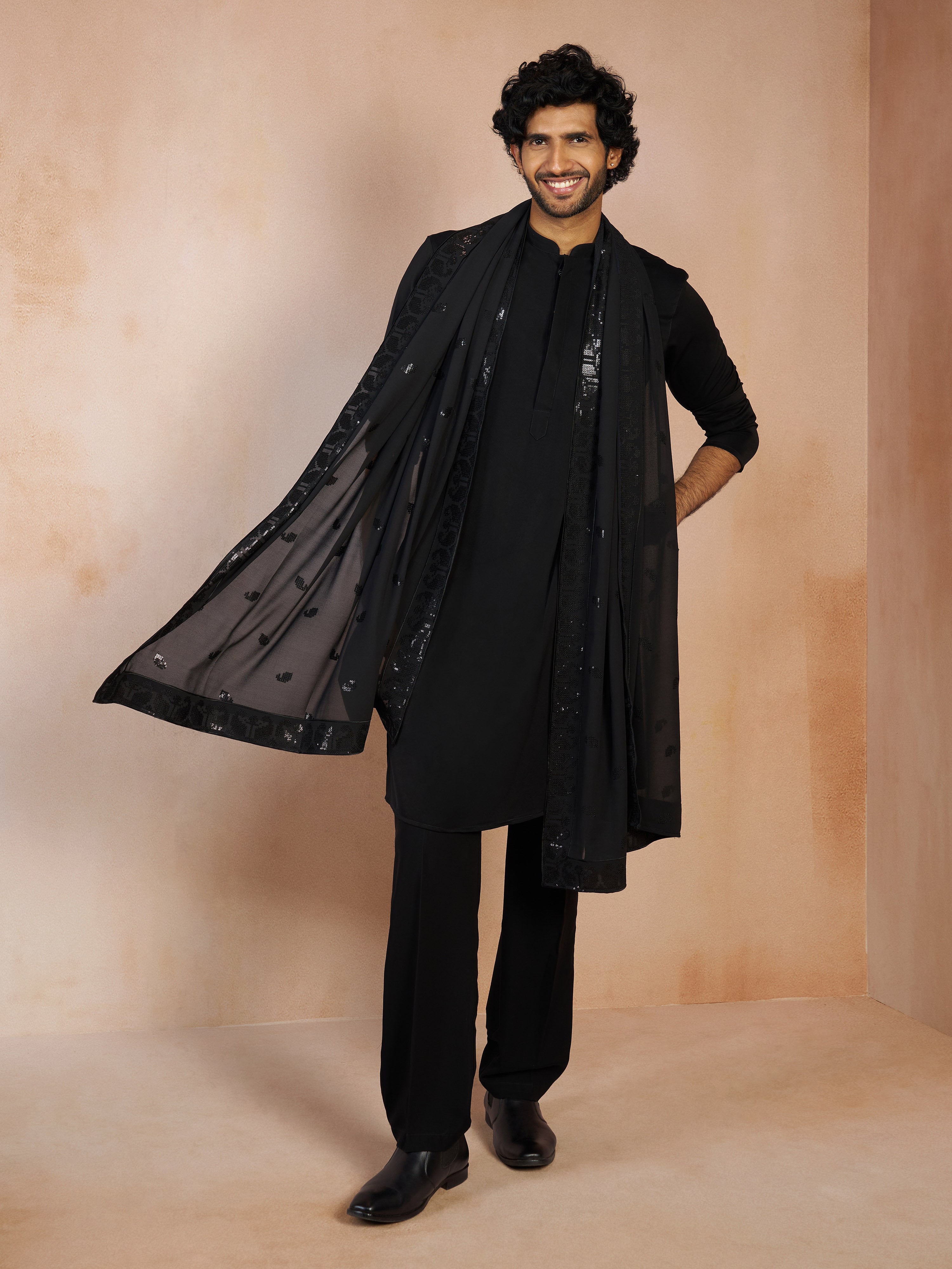 Men's Black Solid Dupatta