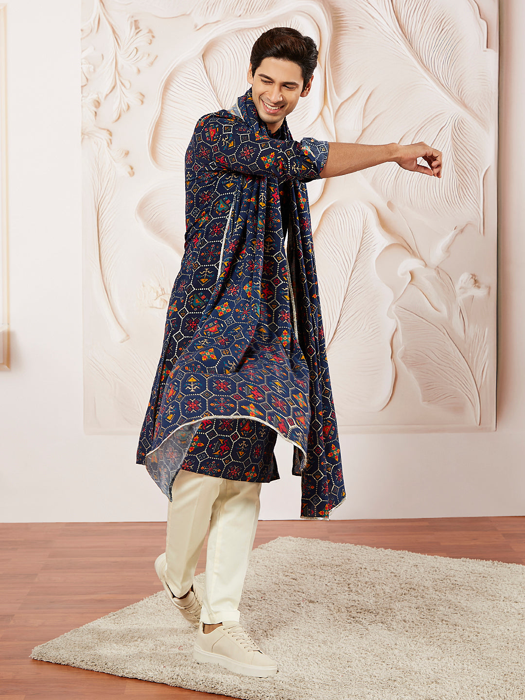 Men's Blue Rayon Printed Dupatta with Lace Detailing