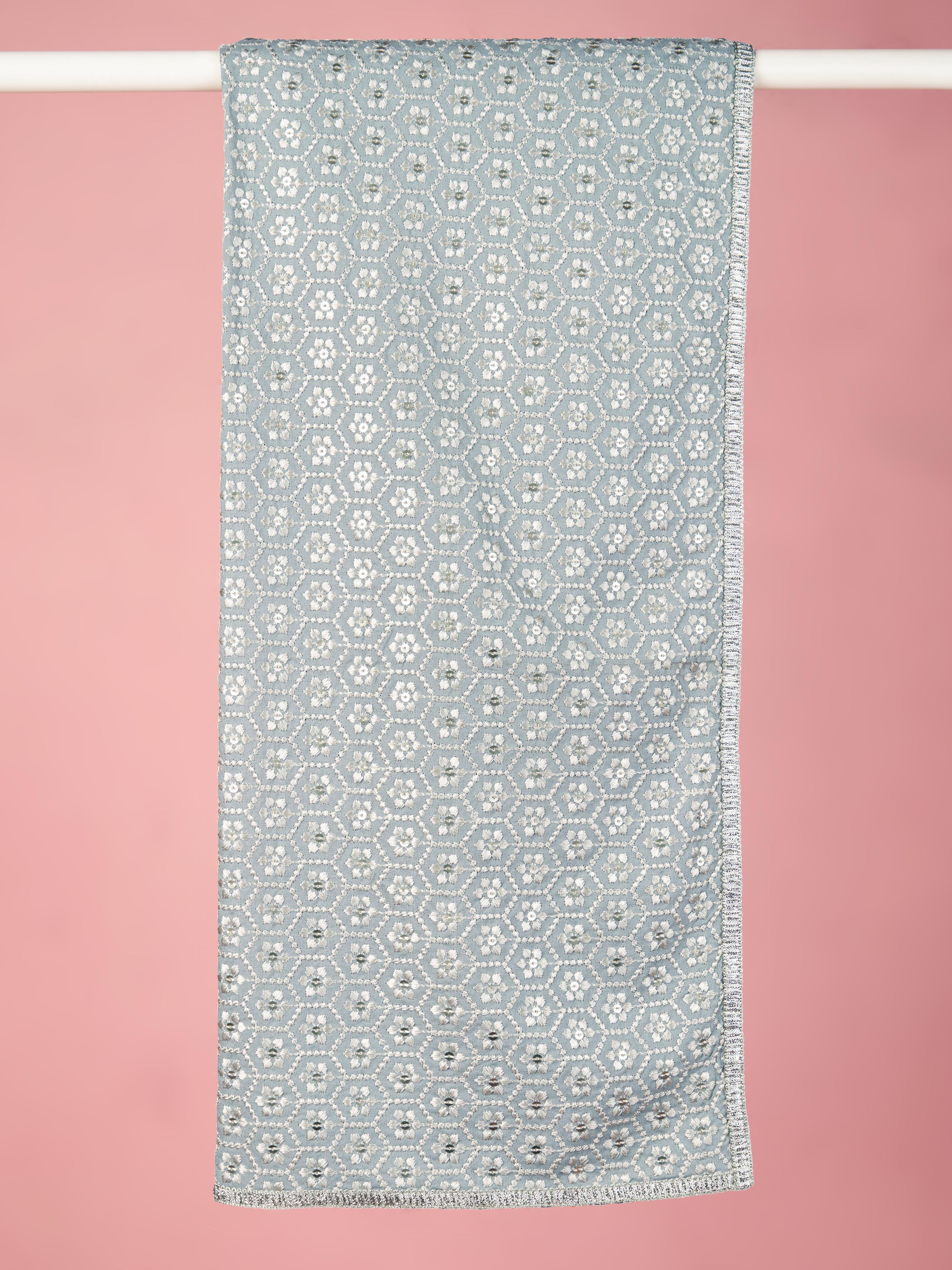 Men Grey Silk Blend Embroidered Dupatta