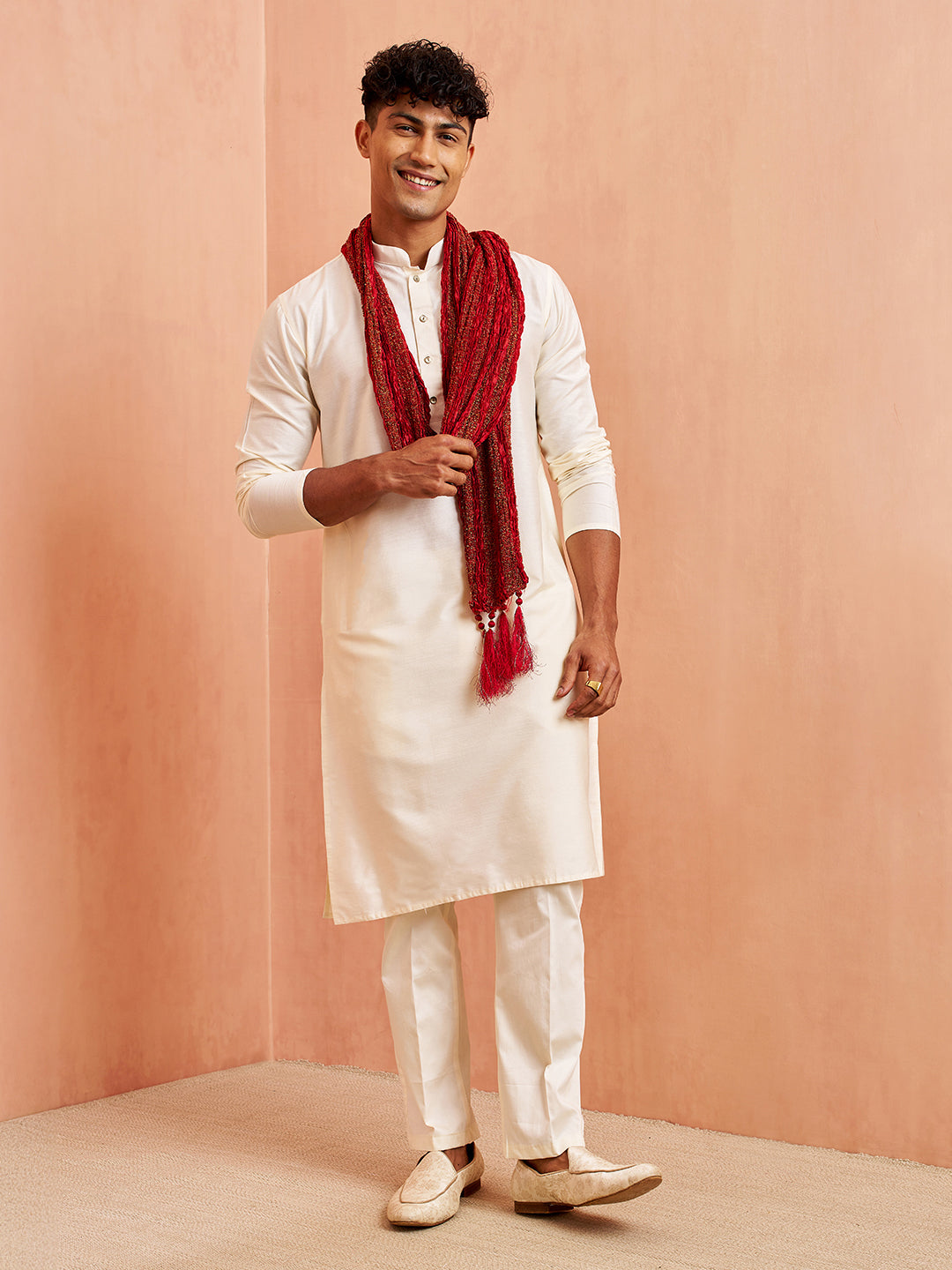 Men's Maroon Synthetic Crushed Dupatta Kurta Set
