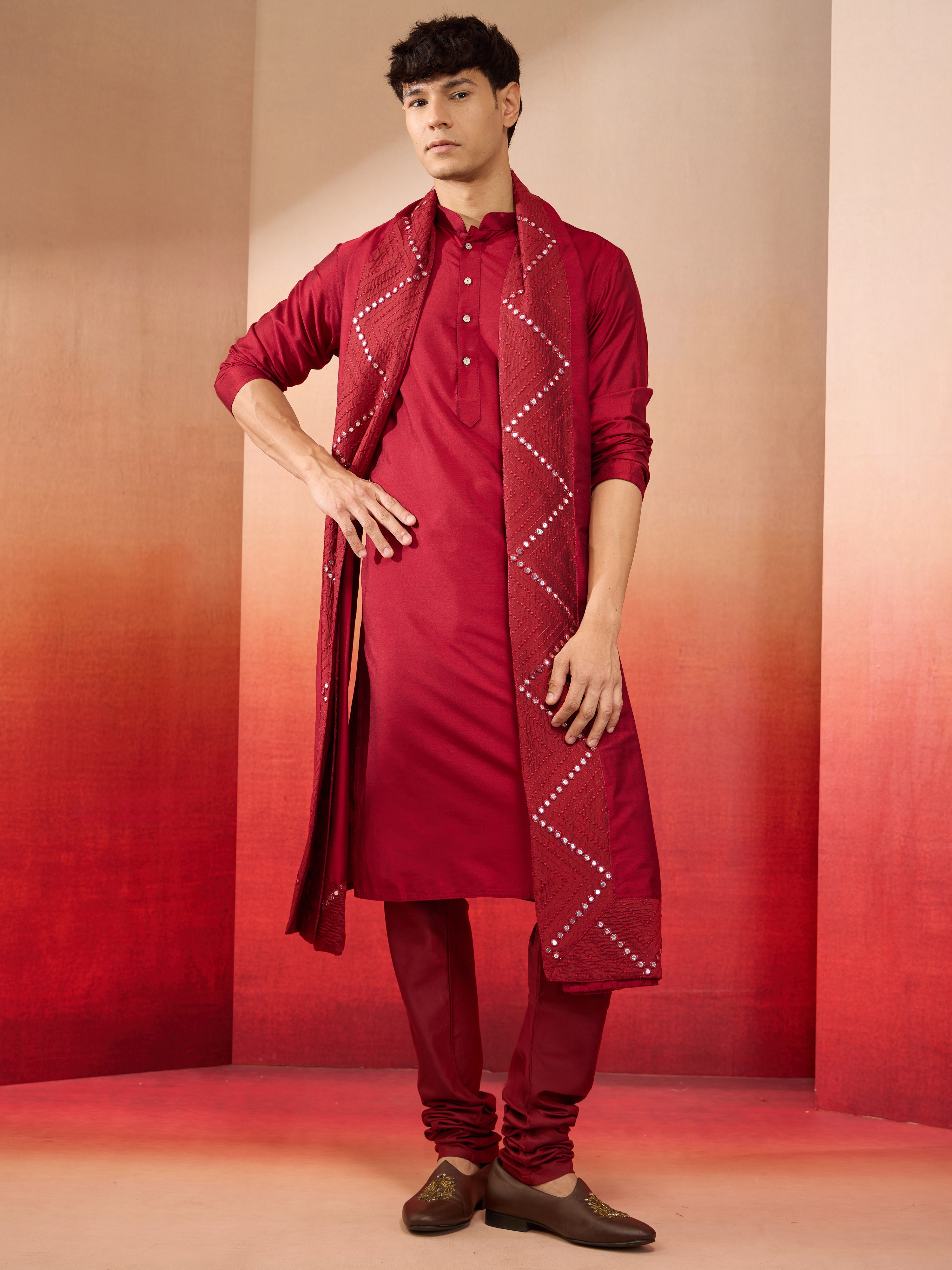 Men's Maroon Viscose Mirror Work Dupatta