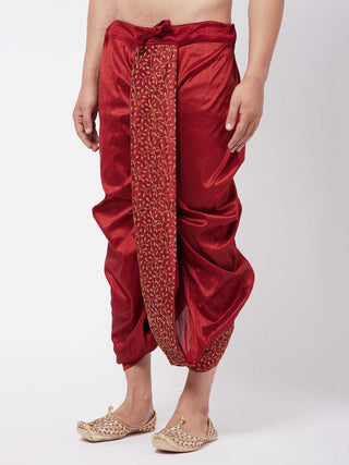 VM BY VASTRAMAY Men's Maroon Silk Blend Embroidered Dhoti