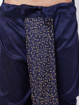 VM BY VASTRAMAY Men's Navy Blue Silk Blend Embroidered Dhoti
