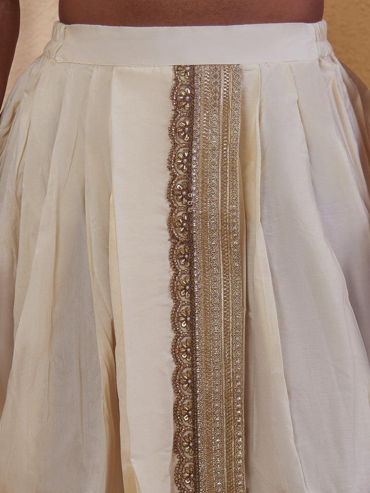 Men Cream Viscose Silk Solid Plain Elasticated Dhoti Festive Onam &amp; Wedding Ethnic Wear