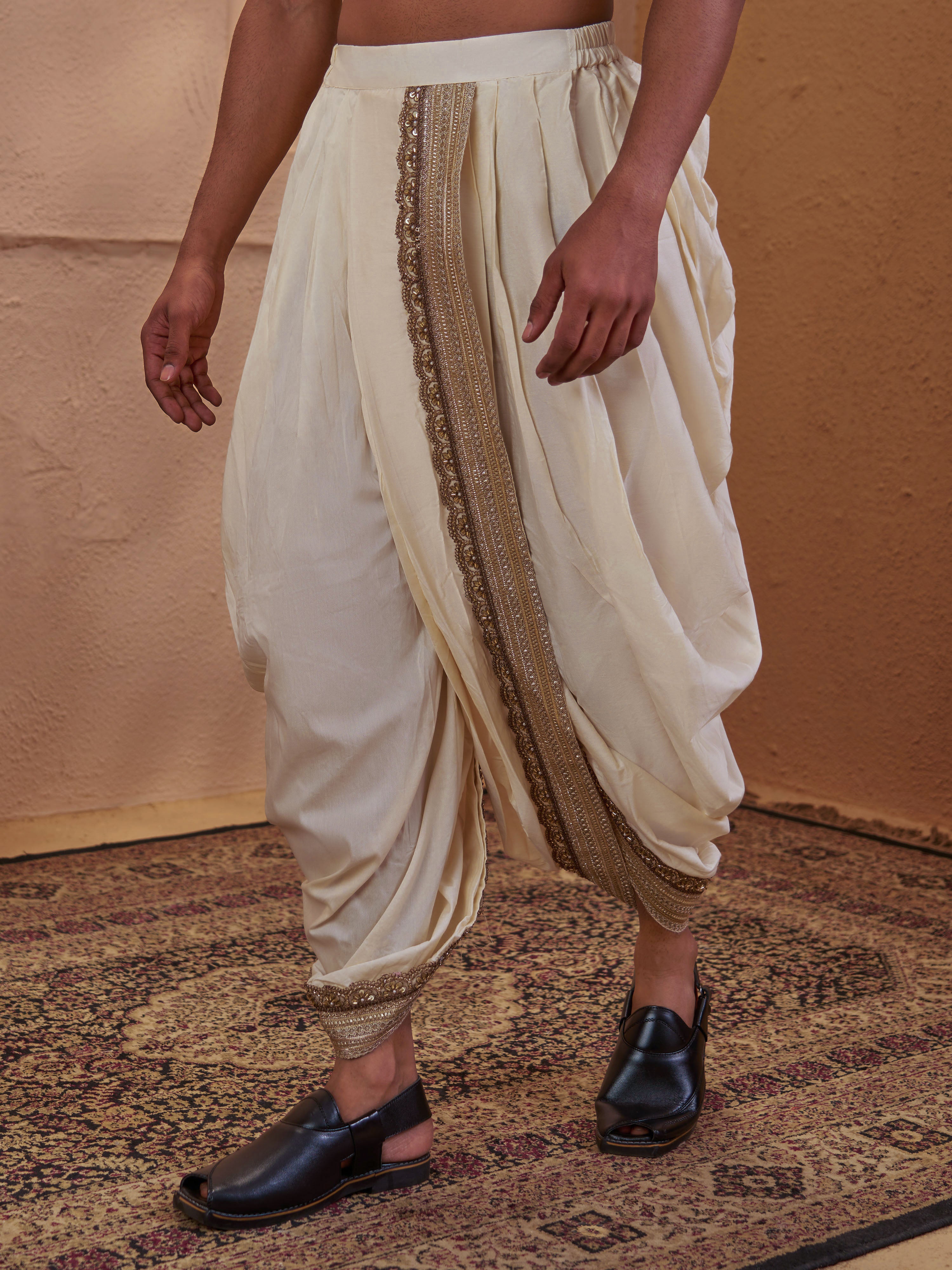 Men Cream Viscose Silk Solid Plain Elasticated Dhoti Festive Onam & Wedding Ethnic Wear