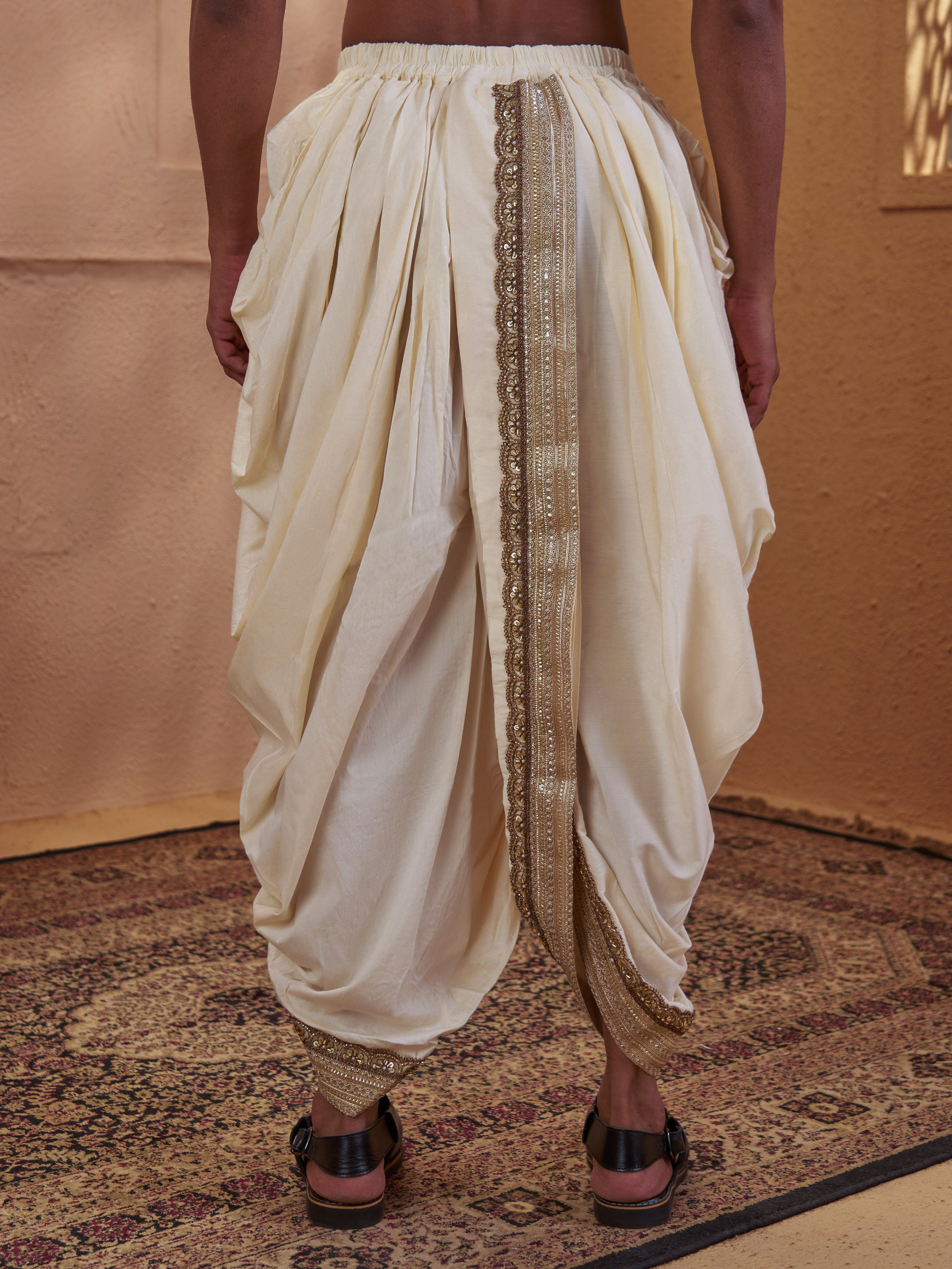 Men Cream Viscose Silk Solid Plain Elasticated Dhoti Festive Onam & Wedding Ethnic Wear