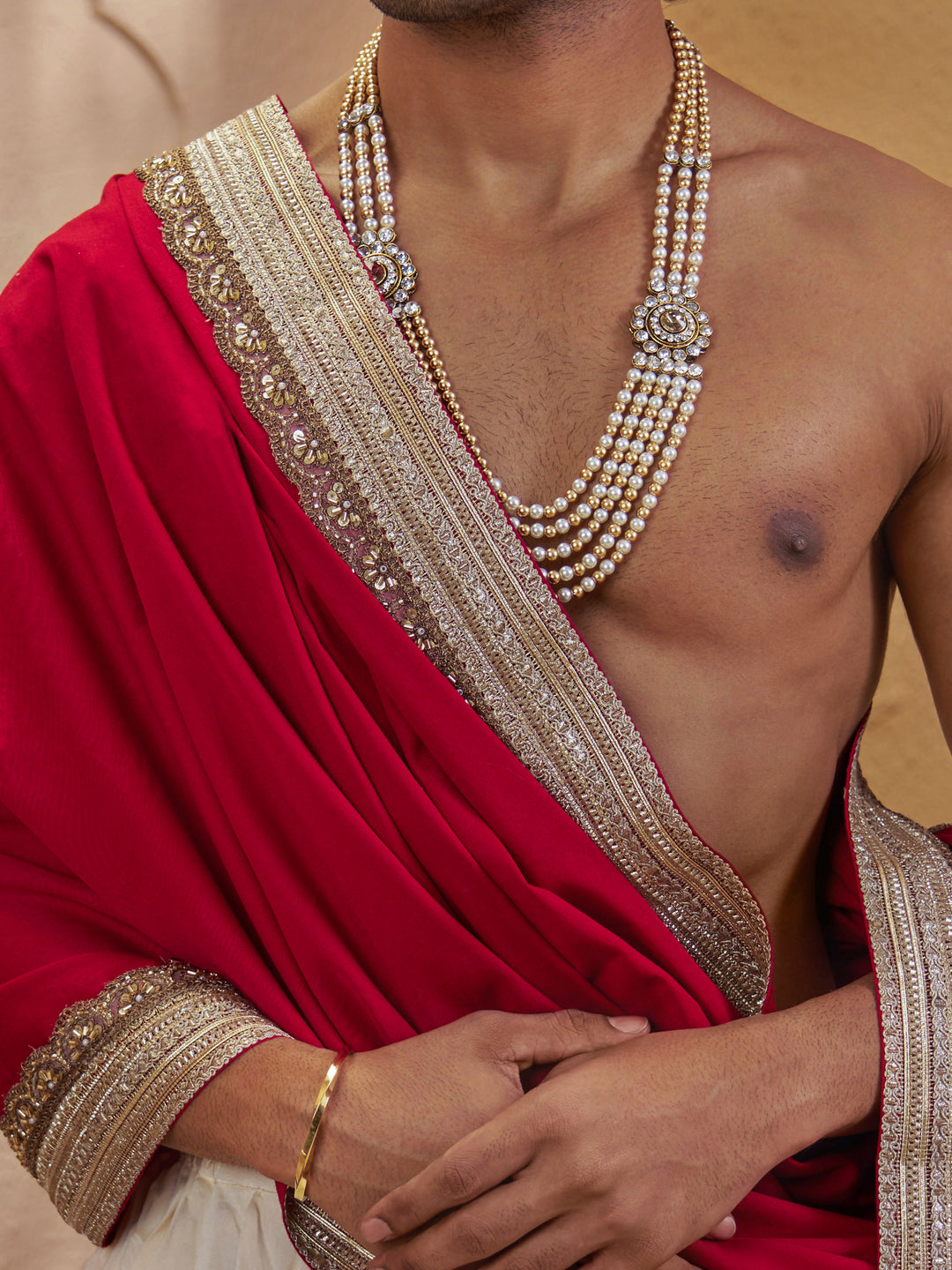 Men Cream Silk Blend Dhoti with Red Cotton Silk Dupatta Set
